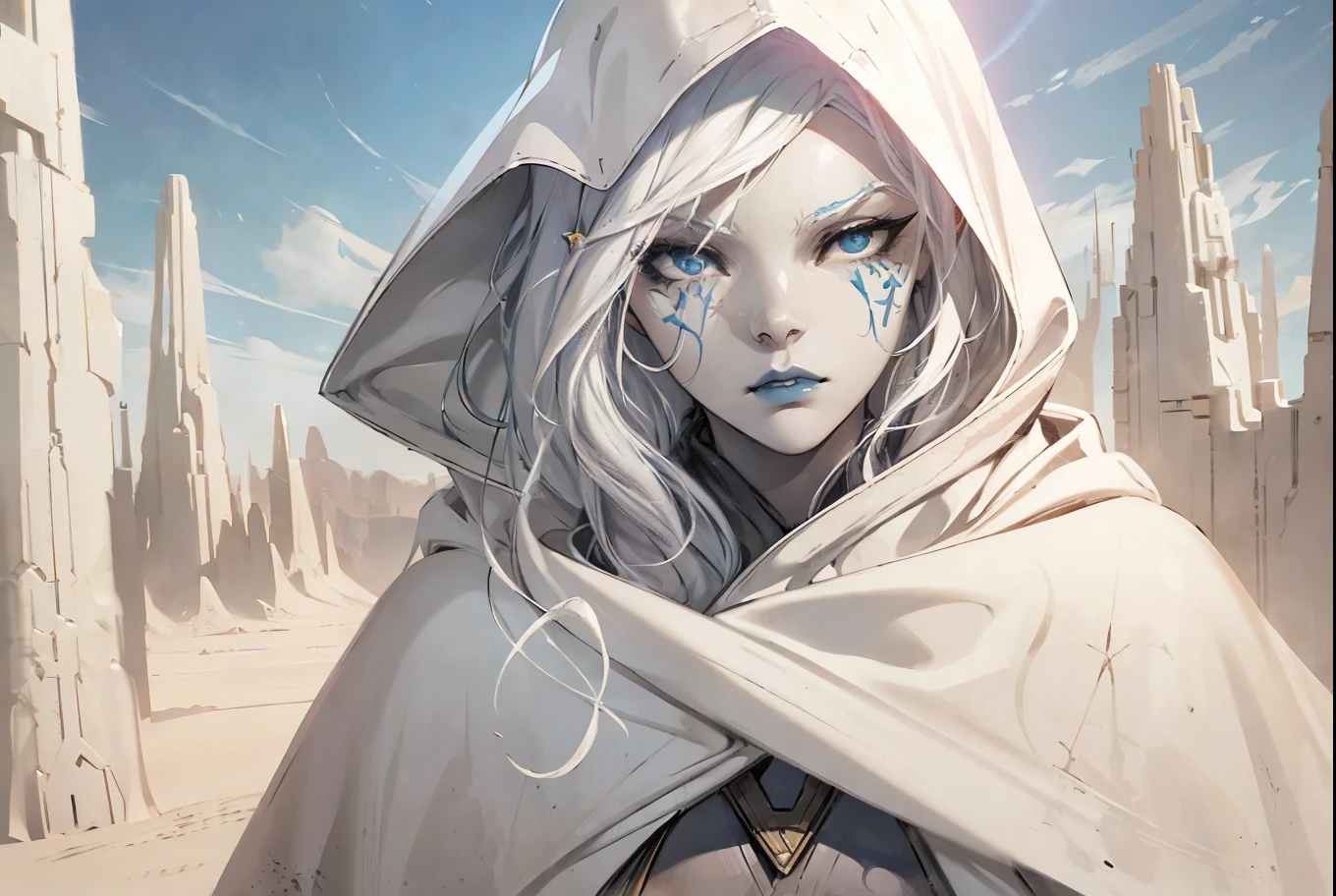 star wars, jarael, alabaster skin, white hair, blue lips, walking in an alien desert, wearing a loose billowing robe with a hood, hood up, hot dry desert, parted lips, cheek tattoos