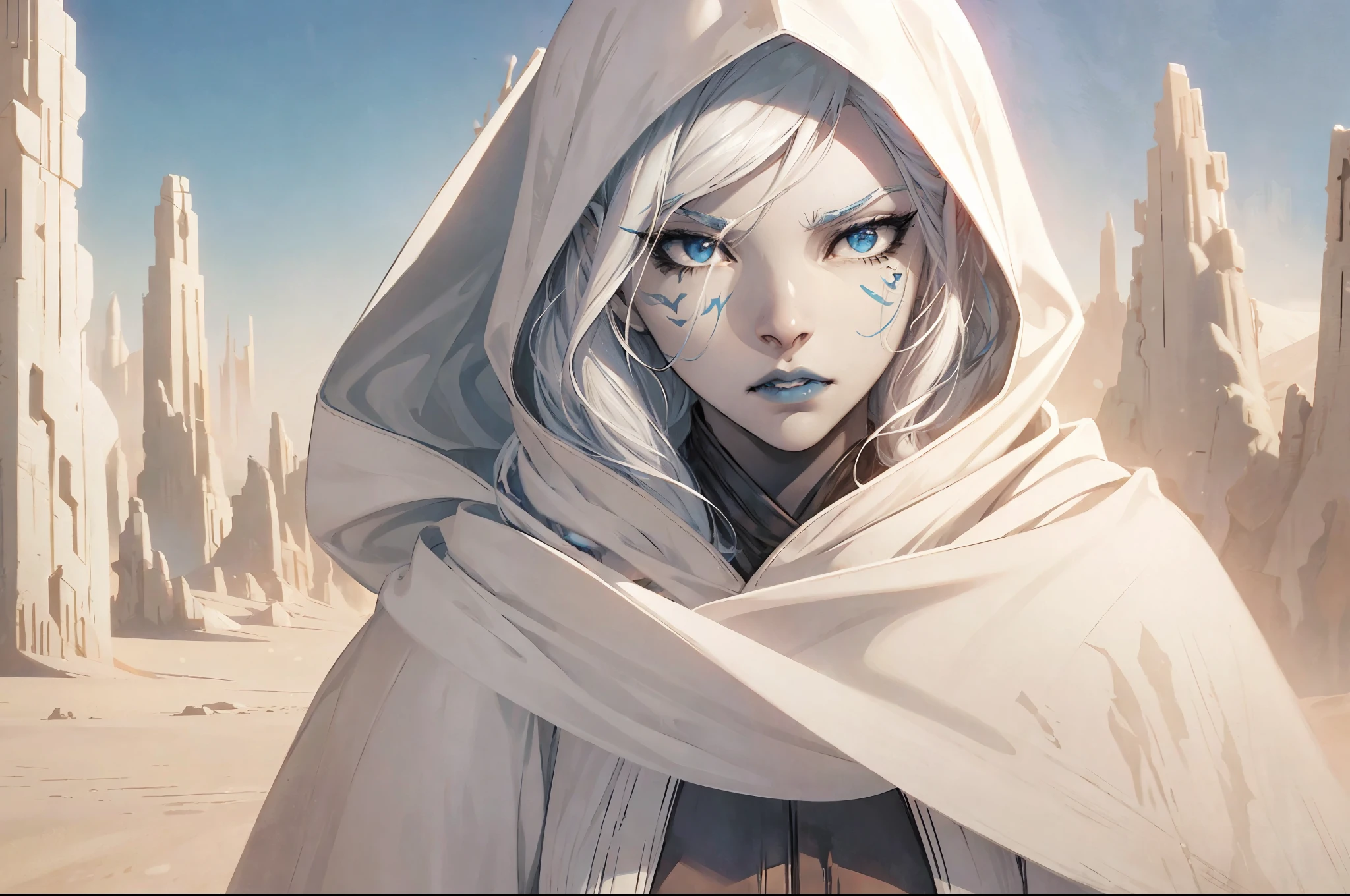 star wars, jarael, alabaster skin, white hair, blue lips, walking in an alien desert, wearing a loose billowing robe with a hood, hood up, hot dry desert, parted lips, cheek tattoos