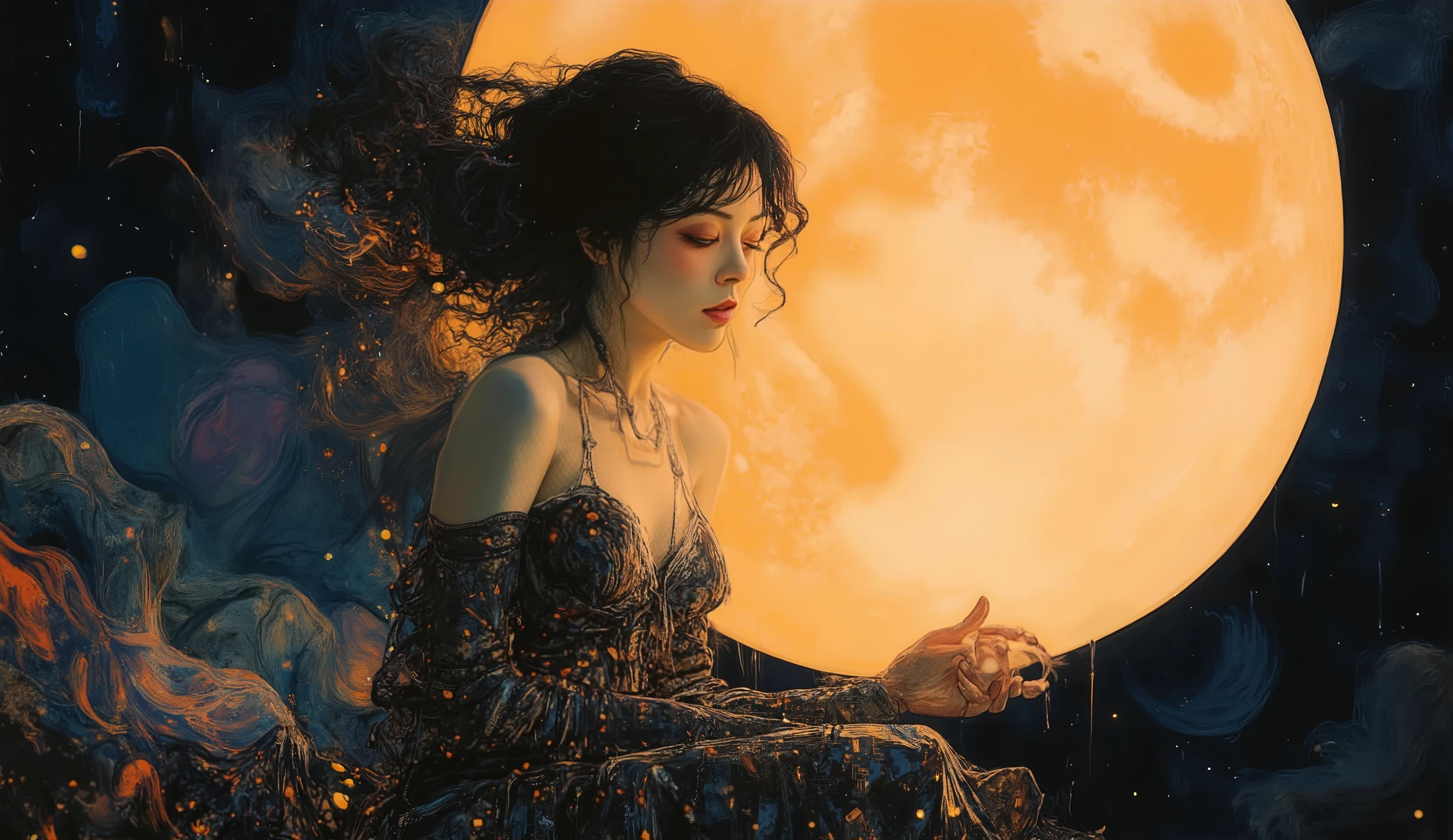 a silhouette of a woman with flowing hair, set against a large, glowing moon. The figure is adorned in a gown that appears to be shimmering with stars, creating a mystical and ethereal atmosphere. The overall composition evokes feelings of wonder and magic, emphasizing beauty and the connection between femininity and nature.