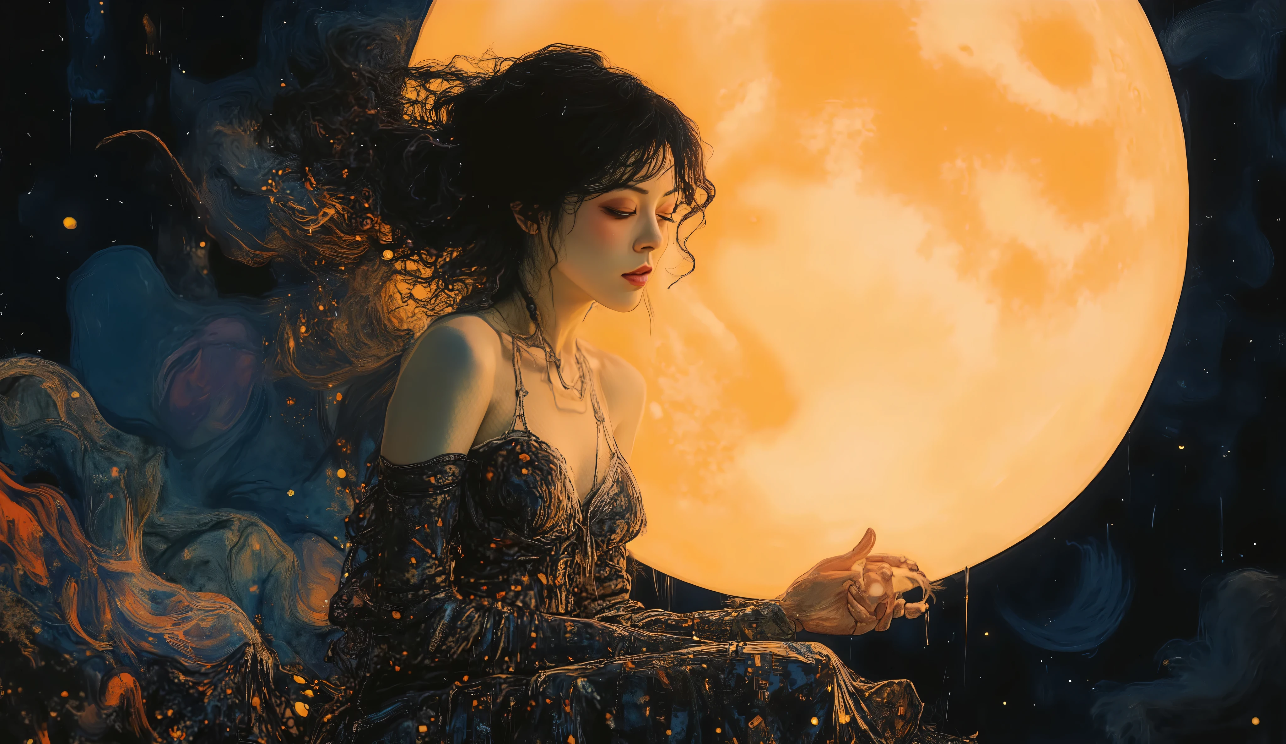a silhouette of a woman with flowing hair, set against a large, glowing moon. The figure is adorned in a gown that appears to be shimmering with stars, creating a mystical and ethereal atmosphere. The overall composition evokes feelings of wonder and magic, emphasizing beauty and the connection between femininity and nature.
