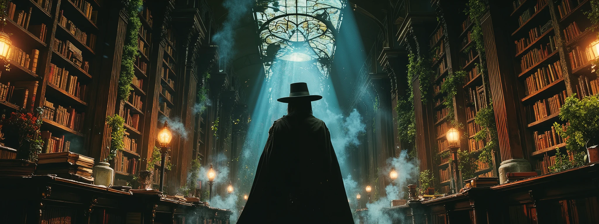 V from V for Vendetta standing in a vast, magical library. The library is an ancient, otherworldly space filled with towering bookshelves made of dark, rich wood, stretching endlessly into the shadows. The color palette is dominated by warm browns, deep mahogany, and earthy tones of the books and shelves, with subtle accents of soft blue light emanating from glowing orbs or enchanted books scattered throughout. V stands confidently in the foreground, his iconic black cape, Guy Fawkes mask and fedora hat contrasting against the warm, scholarly surroundings. The library is alive with lush greenery—vines, ferns, and moss creeping along the shelves and walls, blending nature with knowledge. Dust particles float in the air, illuminated by beams of light filtering through stained glass windows. The atmosphere is mystical, serene, and filled with a sense of hidden power, as if the library itself holds the secrets of the universe.