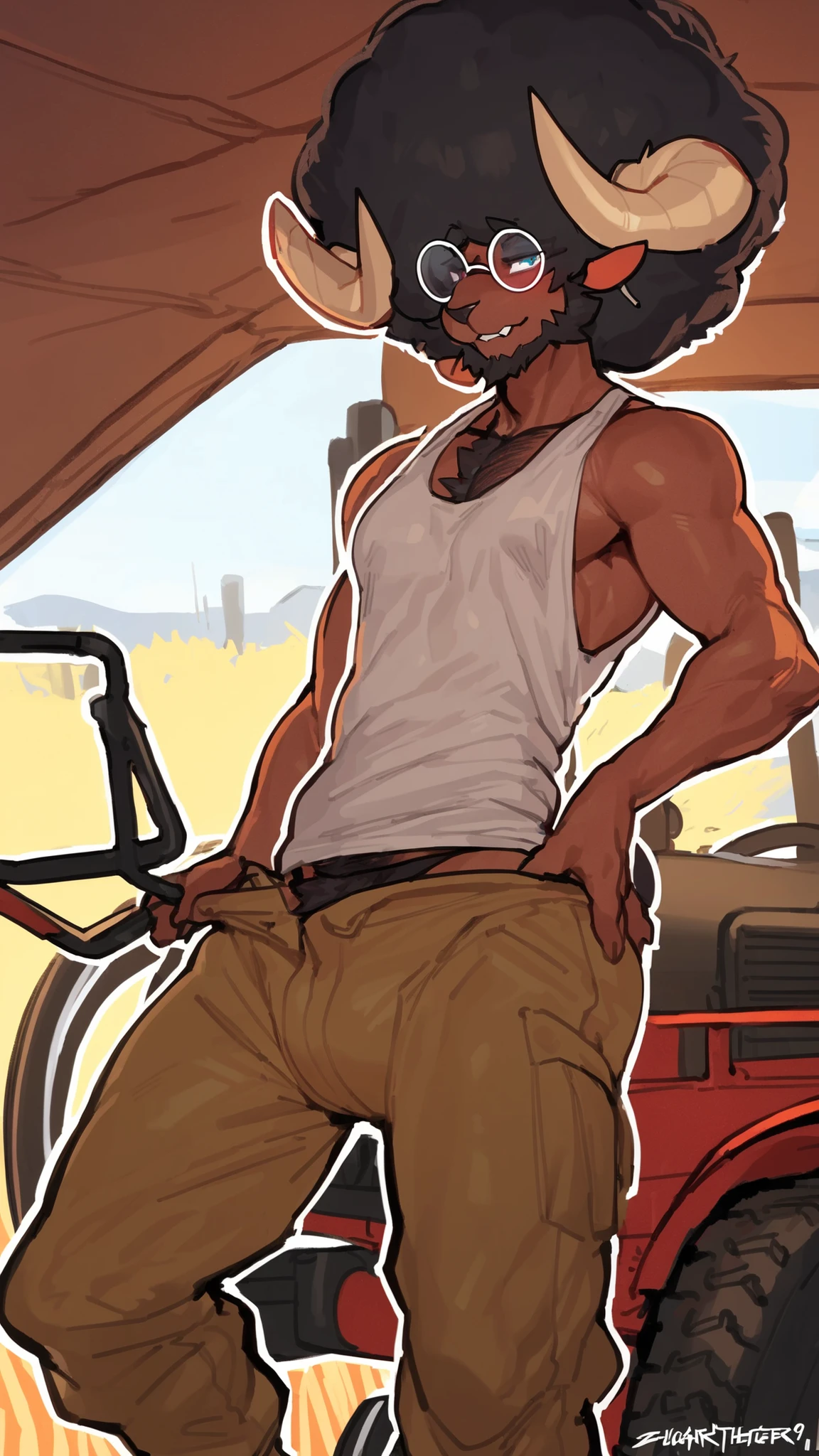 kemono,large buff,muscular (armadillo), bodybuilder,tanned, male long dreadlocks, glasses ,oil on skin, oily, oiled glistening body,well hung cock and balls, snakeskin pattern thong,cowboy hat, seductive look, time, random view, cinematic lighting, cool lighting,full body portrait, desert cliffs, sitting in car's drivers seat,door open, male pinup poses, solo focus, nsfw ,by zackary911:1.0 ,by kadath:0.5, by DREAMERiNK,