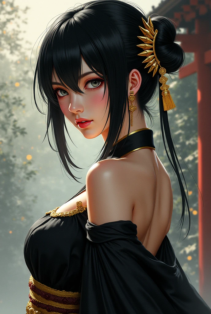 หญิงสาวAnimeผิวขาวอายุ 23 ปี, Beautiful black hair, Forward at eye level, Wearing an ancient noblewoman&#39;s dress, An indifferent expression with black eyes., Have a strong and well-defined body., Unattractive full-body front view, hair accessories, Anime, 