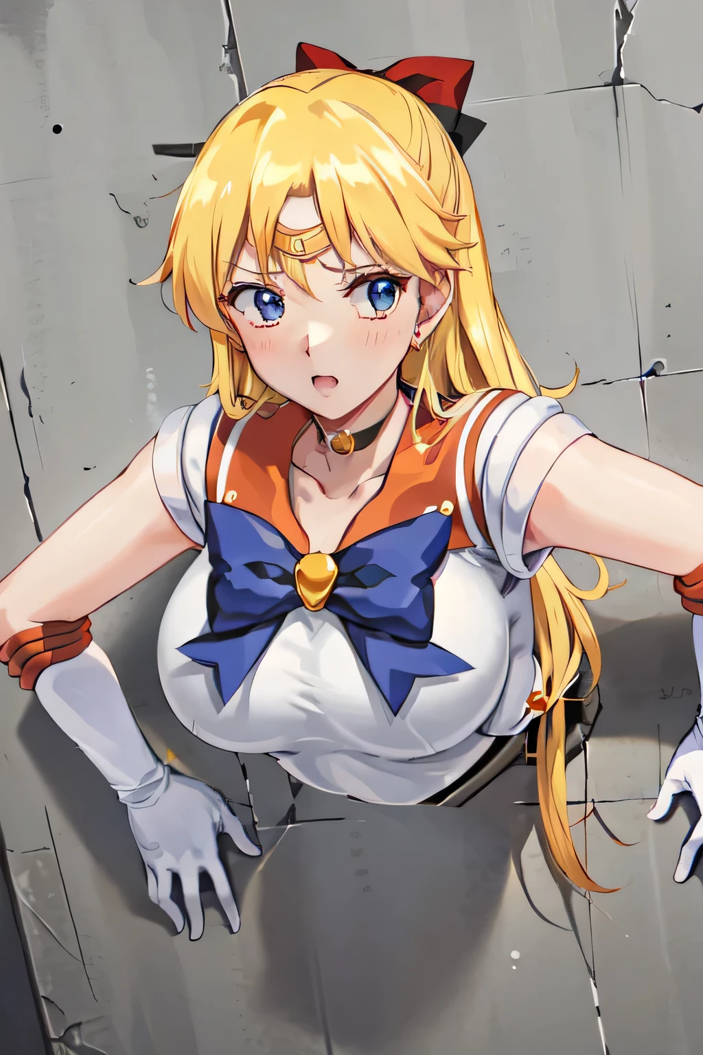 Masterpiece, top quality, Ultra Detailed, 8K, Anime, (Sailor Venus:1.2), 1girl, sv1, sailor senshi uniform, orange skirt, elbow gloves, tiara, orange sailor collar, red bow, orange choker, white gloves, jewelry, big breast, desperately Frantic cutely:1.2, white long globe, blonde long hair with red ribbon, (glory wall:1.2), (stuck:1.2), (through wall:1.2), breast press, from above, onomatopoeia