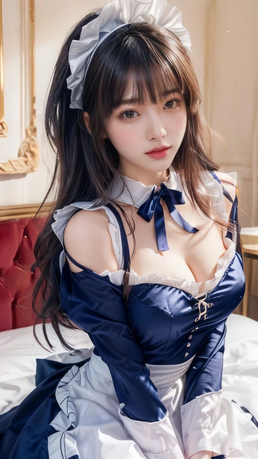 (A stunning, hyper-realistic portrait of a young woman dressed as a French maid, ultra-realistic, photorealistic, highly detailed:1.4) (Perfect skin texture, realistic lighting, cinematic quality:1.3) (Masterpiece, 8K, RAW photo:1.3) A beautiful woman with long, silky black hair with subtle brown highlights, wearing a traditional French maid outfit with a modern twist. Her deep blue eyes (sharp, lifelike, full of depth:1.2) gaze directly at the camera, conveying a gentle yet confident expression.
Her maid outfit consists of a form-fitting dark navy dress with elegant white lace trimmings and ruffled accents. The fabric is high-quality satin, reflecting soft ambient light, giving it a luxurious texture. She wears a classic white headband with ruffles, perfectly framing her long, flowing hair. A small navy ribbon is tied at the center of her collar, delicately fastened with a golden clip.
Her posture is relaxed yet poised, sitting on the edge of a luxurious vintage bed with an elegant red velvet headboard. Her slightly exposed shoulders and delicate collarbones emphasize her feminine allure. The composition captures her from a slightly high angle, focusing on her delicate facial features, soft blush on her cheeks, and well-defined eyelashes. Her lips are slightly parted, revealing a hint of emotion.
The setting is a beautifully decorated vintage-style bedroom, softly lit by natural daylight filtering through elegant curtains. The warm ambiance complements her porcelain-like complexion. The golden-framed mirror on the wall reflects part of the scene, adding depth and realism.
(Perfect anatomy, ultra-detailed, highly realistic shadows and highlights, volumetric lighting, soft bokeh effect, ultra-HD skin texture, cinematic composition, hyper-detailed eyelashes, depth of field:1.3)