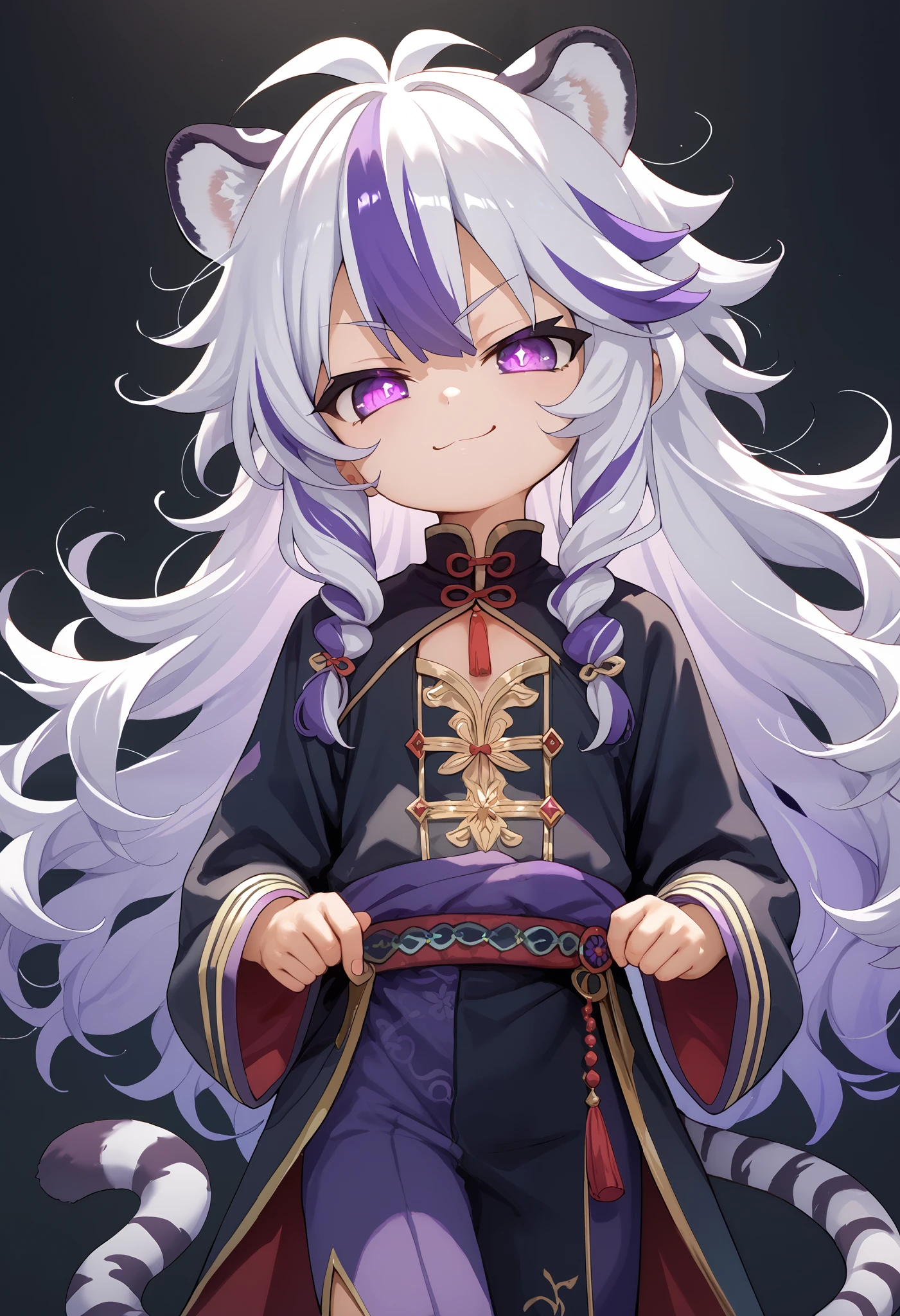 ((masterpiece)), anime lighting, 1boy, solo, long hair, white hair, purple hair, multicolored hair, purple eyes, cute, smirk, young, very young, white tiger ears, white tiger tail, front view, messy hair, purple clothes, black clothes, multicolored clothes, shortstack, Arabic king clothes, glowing eyes.