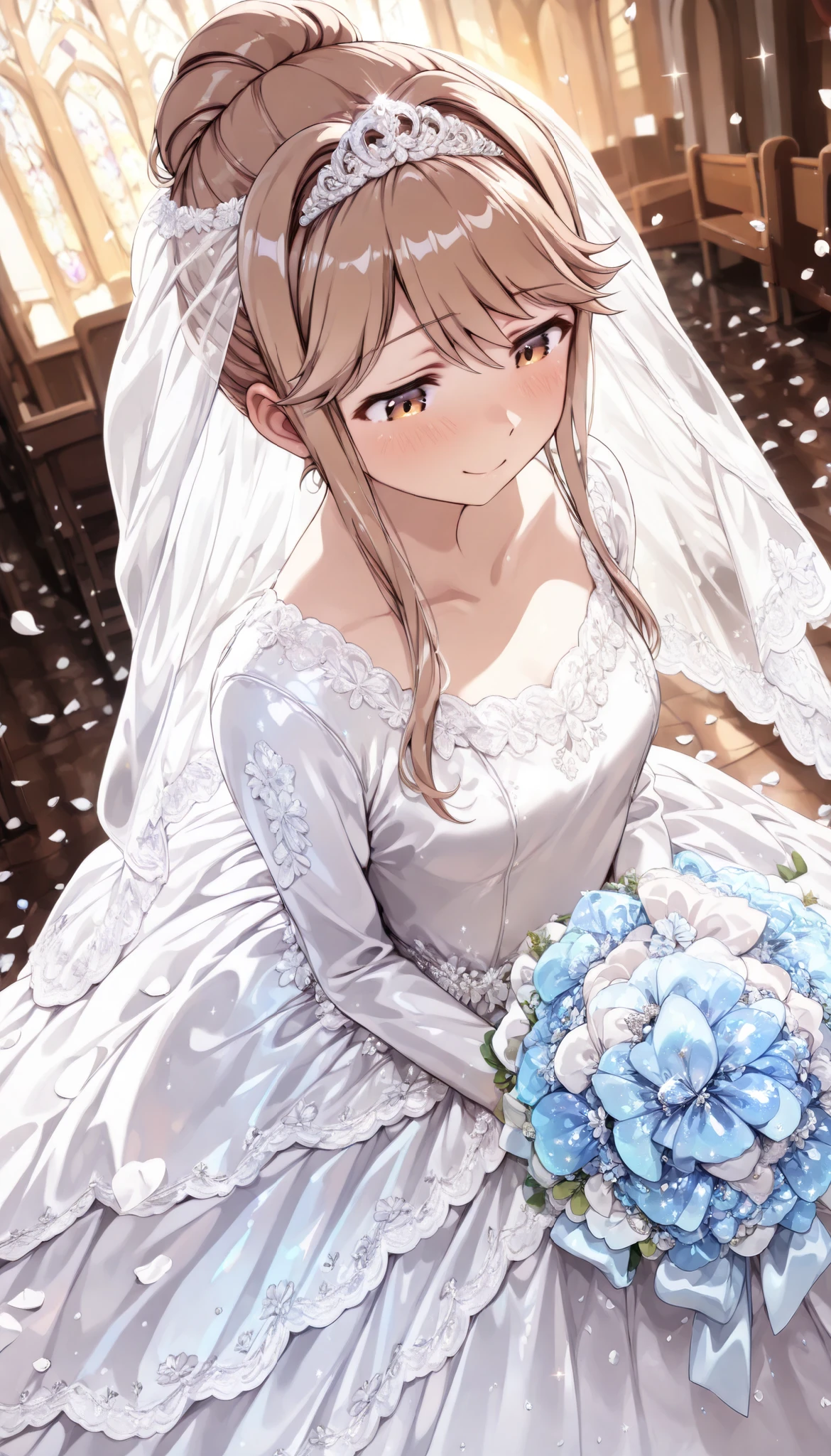 Soft lines, Pale Tones, church back ground, tenkubashi tomoka, smile, (hold light blue Bouquet), side shot, from above, ((looking down and shyly lowering her eyes)), embarrassed, tiara, White wedding dress, wedding Veil, shiny glossy glittering clothes, Lots of petals, ((soft focus, soft lighting)), glitter effect, dof,