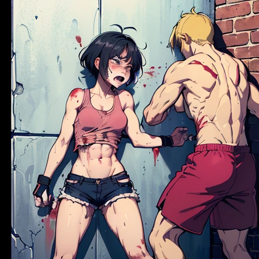 A young, cute, bloody, bruised, sweaty Japanese female street fighter and a male fighter in a back alley fighting each other. She is cornered against the wall. Henis punching into her cheek so hard, black hair short cut. She is crying. Both eyes closed. Short of breath. Drooling from the mouth. Naked. Denim shorts. Open finger gloves. Erect nipples.