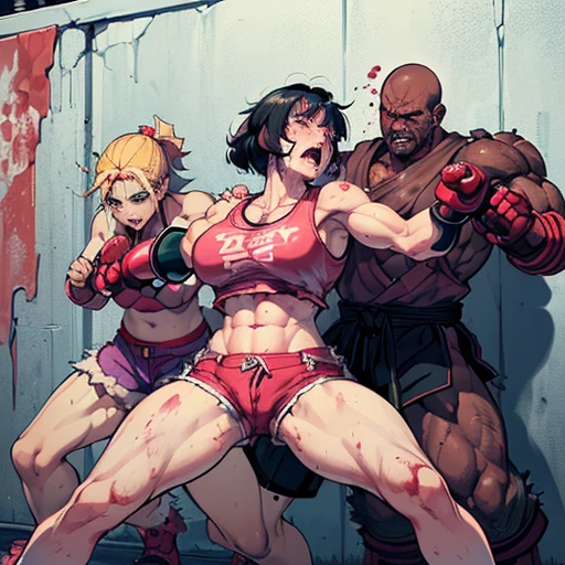 Masterpiece, Ultra extremely detailed, Insanely Definition - quality, 8k, (vibrant colors,vibrant theme), (intricate), full body , NSFW, girl, extremely strong, well defined body, bodybuilder body, big breasts, small waist, dark skin tone, well detailed skin, skin texture, green eyes, short white hair , body showing several scars, a lot of sweat, tight t-shirt, some torn rags covering the body, tight micro shorts, boots, dynamic pose, in a large abandoned angar, apocalyptic image, serious expression, image as the basis of a survival character apocalyptic, environmental detail, dust.