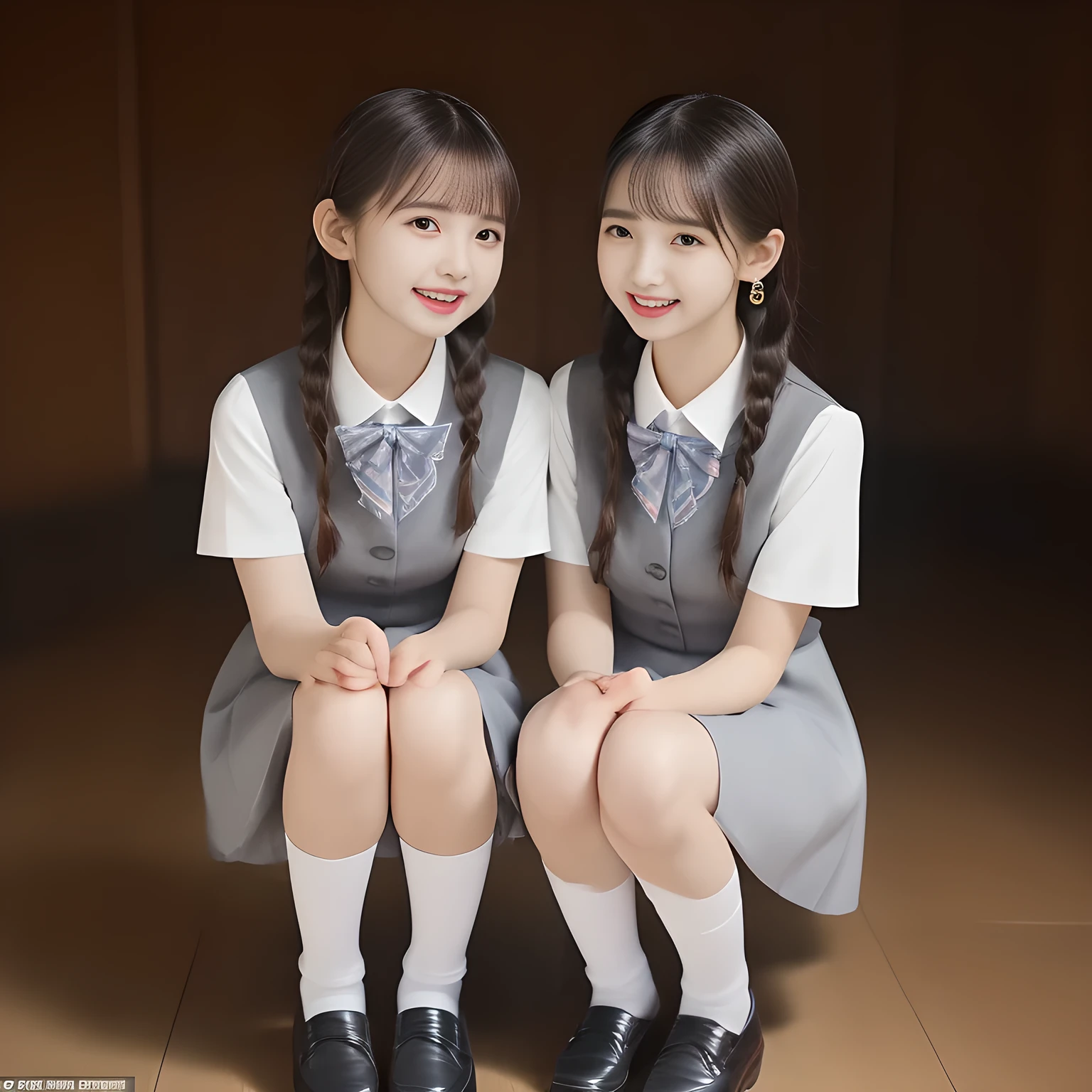 (highest quality, masterpiece, high resolution:1.2), 4K, (Photo quality clearly detailed foreground: 1.5), geometry, (Neat & clean girls. Some of Cute noble girly very-long brands hair Japanese photo model are seated and can't stop kissing the viewer and looking at the viewer with her too beautiful eyes like laughing fashion model: 1.3), (Using expensive face-whitening cosmetics to make her skin more beautiful and pure by professional makeup artist: 1.5), (Face and eyes are especially detailed beautifully: 1.5), Laughing cutely, ((Light-Gray) Japanese school girly vest uniform with neat girly light-yellow school blouse, puffed short sleeves: 1.2), (white socks and school loafers, kicking back: 1.5), (Dark blue glossy glossy school ribbon on the breast: 1.0), (Beautiful light-amber large clear open eyes with balanced and detailed cutely: 1.4), (double eyelids: 1.0), (highly curled bangs: 1.2), (Expressing the greatest joy with her whole body: 1.2), (Glossy lips: 1.0), (long very (tightly tied) braids hair: 1.7), (cute earrings), (white and clear skin: 1.0), (Laughing cute princess's eyes looking at me: 0.8), (Very shy, cute, slender, pretty, pretty, too girly & Girlish: National Beautiful Girl Grand Prix winners: 2.0), (The girls knows well about the viewer's super fetishism for high-school uniforms, and satisfies it completely: 1.5)