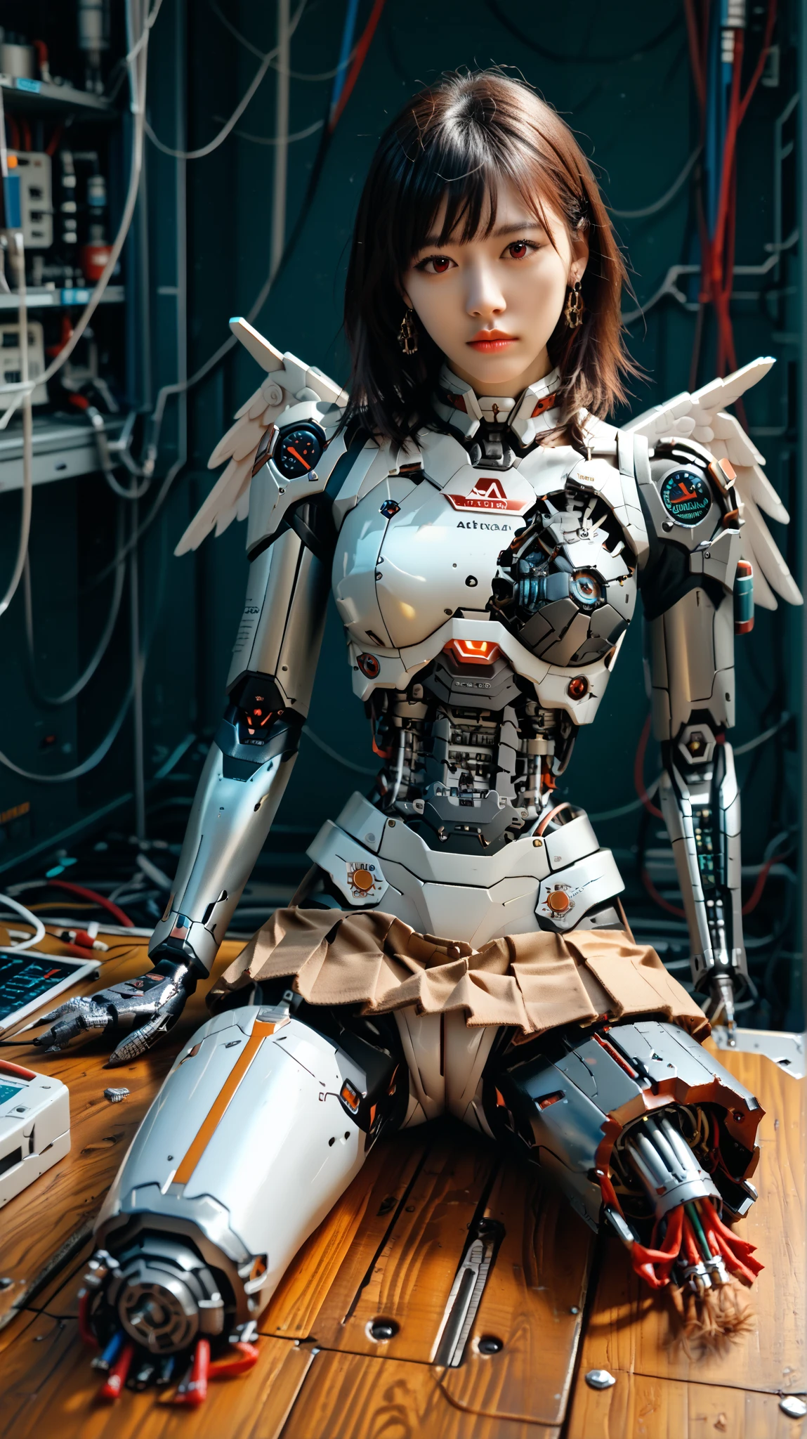 (((masterpiece))), (realism, realism texture, (science fiction, distant future), (top Quality, High Quality, top resolution, high resolution, (ultra detailed, high detailed))), (beautiful robot girl experienced a failure, she is incredible machine, machine skin girl:1.2), (beautiful face), (thin lips, wide mouth), red-lighting eyes, (robot white armor:1.3), machine frame, (skirt, robot groin, robot groin joint:1.2), (steel knee-high greaves, (mechanical hands)), (robot joint:1.3), (robot neck joint:1.2), (electronic component, machine parts, (big winged jet engine wing)), ((severed leg:1.6), broken arms, broken breasts), Expressionless face, (cowboy shot:1.3), laboratory, (closed mouth), (sitting:1.2), ((spread legs:1.2), down knees:1.3) , (from above:1.3)