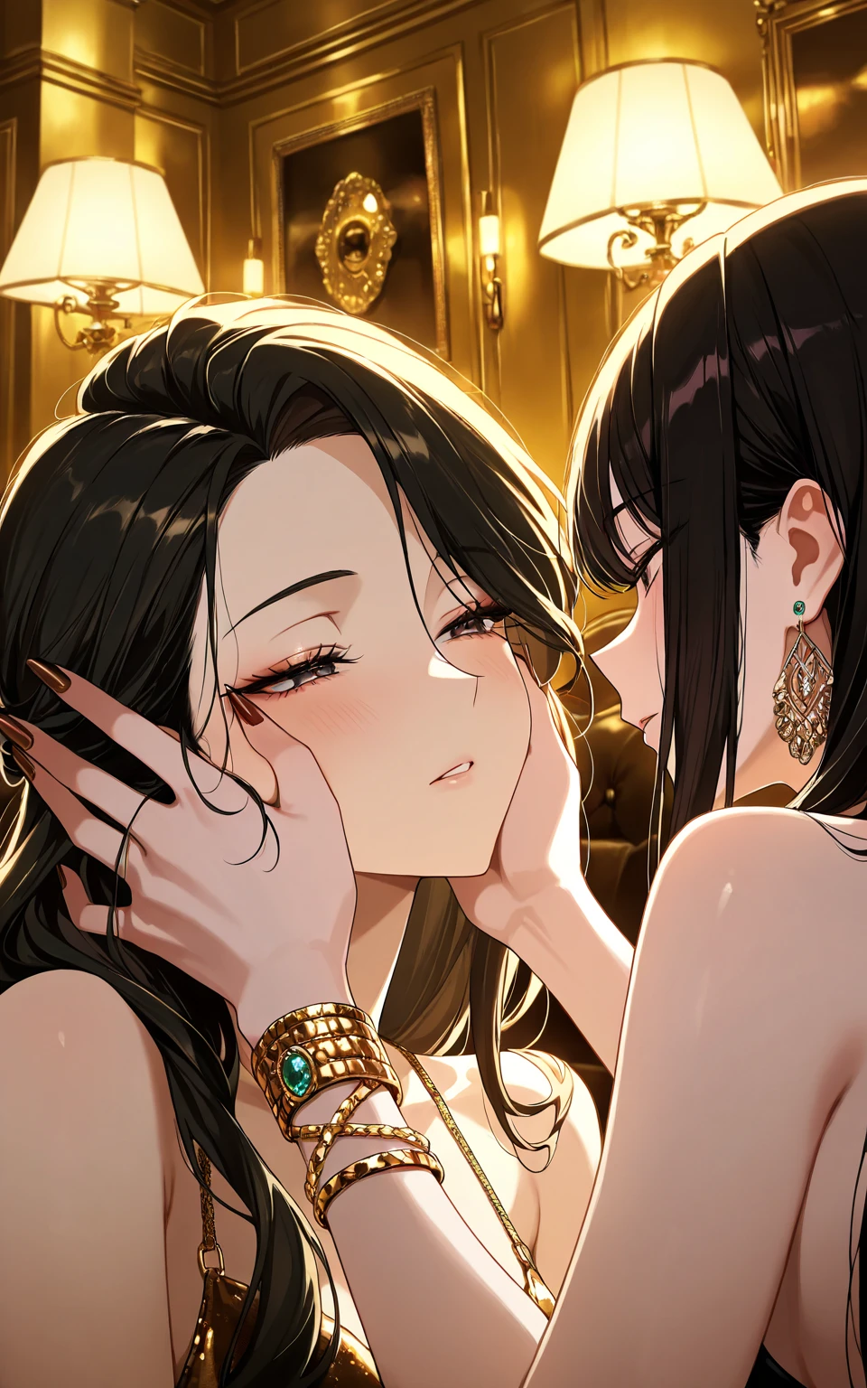 score_9, score_8_up, score_7_up, score_6_up, score_5_up, score_4_up, yu hee hugging with ugly old man in bar, brown eyes, black hair, long hair, large breasts, string bikini, bare shoulders, tassel earrings
