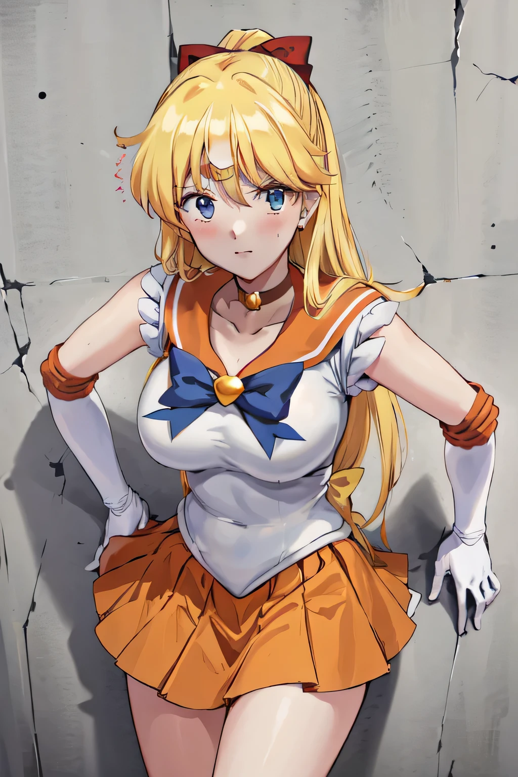 Masterpiece, top quality, Ultra Detailed, 8K, Anime, (Sailor Venus), 1girl, sv1, sailor senshi uniform, orange skirt, elbow gloves, tiara, orange sailor collar, red bow, orange choker, white gloves, jewelry, big breast, Frantic:1.2, white long globe, blonde long hair with red ribbon, (glory wall:1.2), (stuck:1.2), (through wall:1.2), looking at viewer