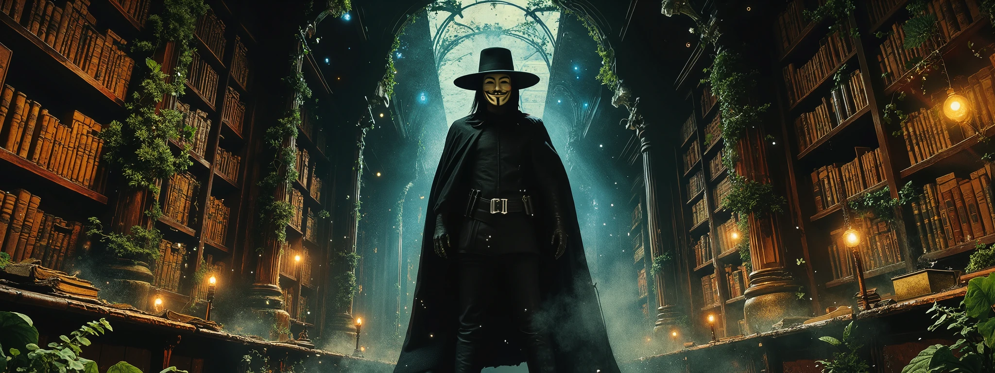 V from V for Vendetta standing in a vast, magical library. The library is an ancient, otherworldly space filled with towering bookshelves made of dark, rich wood, stretching endlessly into the shadows. The color palette is dominated by warm browns, deep mahogany, and earthy tones of the books and shelves, with subtle accents of soft blue light emanating from glowing orbs or enchanted books scattered throughout. V stands confidently in the foreground, his iconic black cape, Guy Fawkes mask and fedora hat contrasting against the warm, scholarly surroundings. The library is alive with lush greenery—vines, ferns, and moss creeping along the shelves and walls, blending nature with knowledge. Dust particles float in the air, illuminated by beams of light filtering through stained glass windows. The atmosphere is mystical, serene, and filled with a sense of hidden power, as if the library itself holds the secrets of the universe.