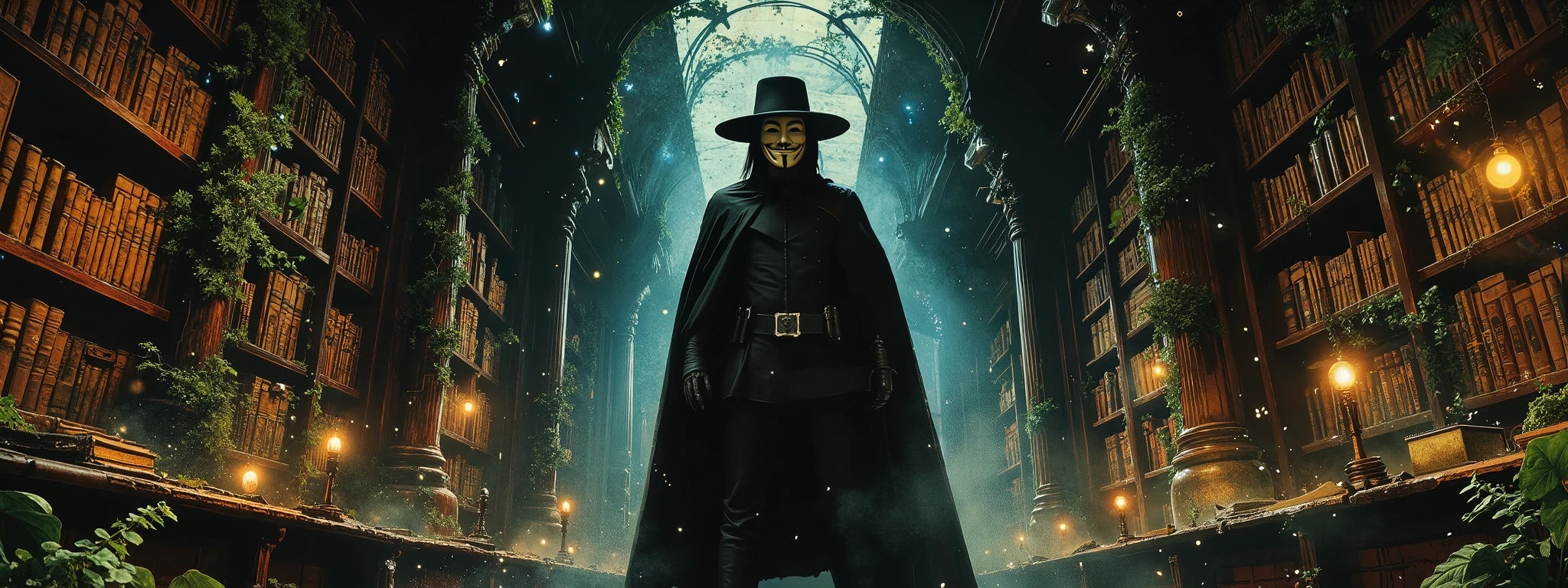 V from V for Vendetta standing in a vast, magical library. The library is an ancient, otherworldly space filled with towering bookshelves made of dark, rich wood, stretching endlessly into the shadows. The color palette is dominated by warm browns, deep mahogany, and earthy tones of the books and shelves, with subtle accents of soft blue light emanating from glowing orbs or enchanted books scattered throughout. V stands confidently in the foreground, his iconic black cape, Guy Fawkes mask and fedora hat contrasting against the warm, scholarly surroundings. The library is alive with lush greenery—vines, ferns, and moss creeping along the shelves and walls, blending nature with knowledge. Dust particles float in the air, illuminated by beams of light filtering through stained glass windows. The atmosphere is mystical, serene, and filled with a sense of hidden power, as if the library itself holds the secrets of the universe.