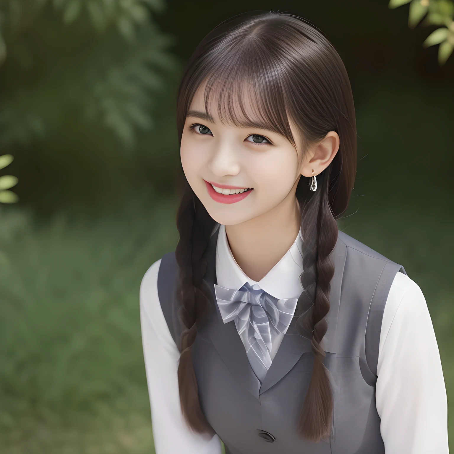 (highest quality, masterpiece, high resolution:1.2), 4K, (Photo quality clearly detailed foreground: 1.5), geometry, (Neat & clean girls. Small face. Some of Cute noble girly very-long brands hair Japanese photo model are seated and looking at the viewer with her too beautiful eyes like laughing fashion model: 1.3), (Using expensive face-whitening cosmetics to make her skin more beautiful and pure by professional makeup artist: 1.5), (Face and eyes are especially detailed beautifully: 1.5), Laughing cutely, ((Light-Gray) Japanese school girly vest uniform with neat girly light-yellow school blouse, puffed shoulders: 1.2), (white socks and school loafers, kicking back: 0.7), (Dark blue glossy glossy school ribbon on the breast: 1.0), (Beautiful light-amber large clear open eyes with balanced and detailed cutely: 1.4), (double eyelids: 1.0), (highly curled bangs: 1.2), (Expressing the greatest joy with her whole body: 1.2), (Glossy lips: 1.0), (long very (tightly tied) braids hair: 1.7), (cute earrings), (white and clear skin: 1.0), (Laughing cute princess's eyes looking at me: 0.8), (Very shy, cute, slender, pretty, pretty, too girly & Girlish: National Beautiful Girl Grand Prix winners: 2.0), (The girls knows well about the viewer's super fetishism for high-school uniforms, and satisfies it completely: 1.5)