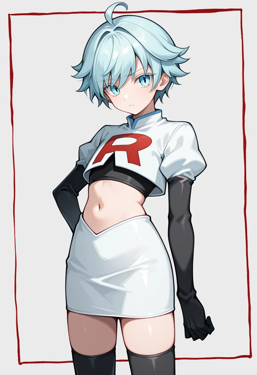 absurdres,1boy, male focus, trap,crossdressing,1boy,team rocket,team rocket uniform,white skirt,red letter R,crop top,black thigh-high boots,black elbow gloves,