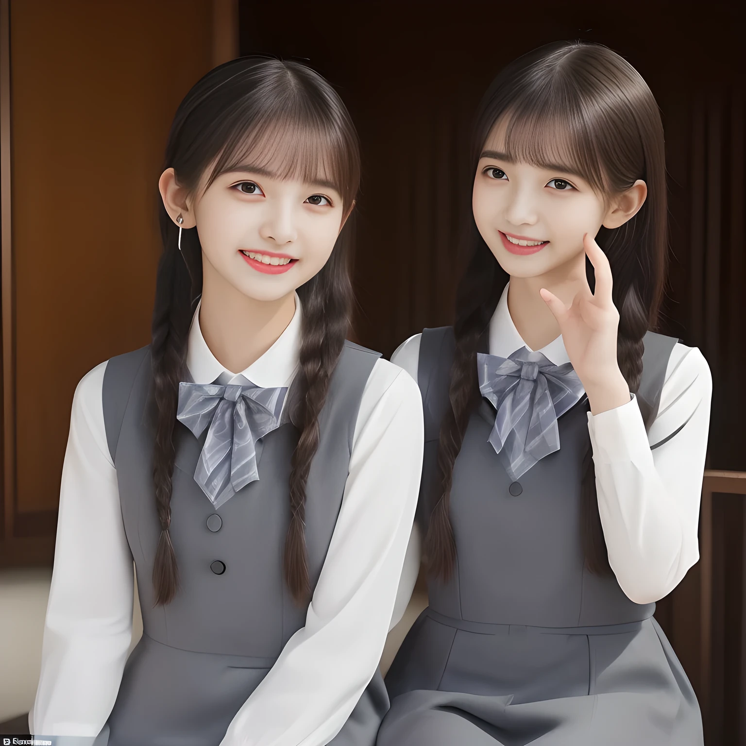 (highest quality, masterpiece, high resolution:1.2), 4K, (Photo quality clearly detailed foreground: 1.5), geometry, (Neat & clean girls. (Small well-groomed face with feminine intelligence). Some of Cute noble girly very-long brands hair Japanese photo model are seated and looking at the viewer with her too beautiful eyes like laughing fashion model: 1.3), (Using expensive face-whitening cosmetics to make her skin more beautiful and pure by professional makeup artist: 1.5), (Face and eyes are especially detailed beautifully: 1.5), Laughing cutely, ((Light-Gray) Japanese school girly vest uniform with neat girly light-yellow school blouse, puffed shoulders: 1.2), (white socks and school loafers, kicking back: 0.7), (Dark blue glossy glossy school ribbon on the breast: 1.0), (Beautiful light-amber large clear open eyes with balanced and detailed cutely: 1.4), (double eyelids: 1.0), (highly curled bangs: 1.2), (Expressing the greatest joy with her whole body: 1.2), (Glossy lips: 1.0), (long very (tightly tied) braids hair: 1.7), (cute earrings), (white and clear skin: 1.0), (Laughing cute princess's eyes looking at me: 0.8), (Very shy, cute, slender, pretty, pretty, too girly & Girlish: National Beautiful Girl Grand Prix winners: 2.0), (The girls knows well about the viewer's super fetishism for high-school uniforms, and satisfies it completely: 1.5)