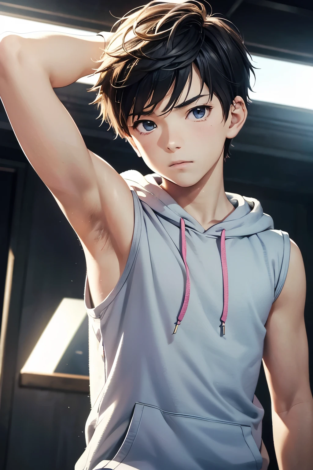 highres,Masterpiece， Best quality at best,Best Quality,hight quality, hight detailed, realistic, photorealistic, Anime style, 1boy, , Shota, Simple beckground, Cheerful boy, Sleeveless hoodie, (showing armpit, Smooth armpit), boy focus, Uhd, 4k
