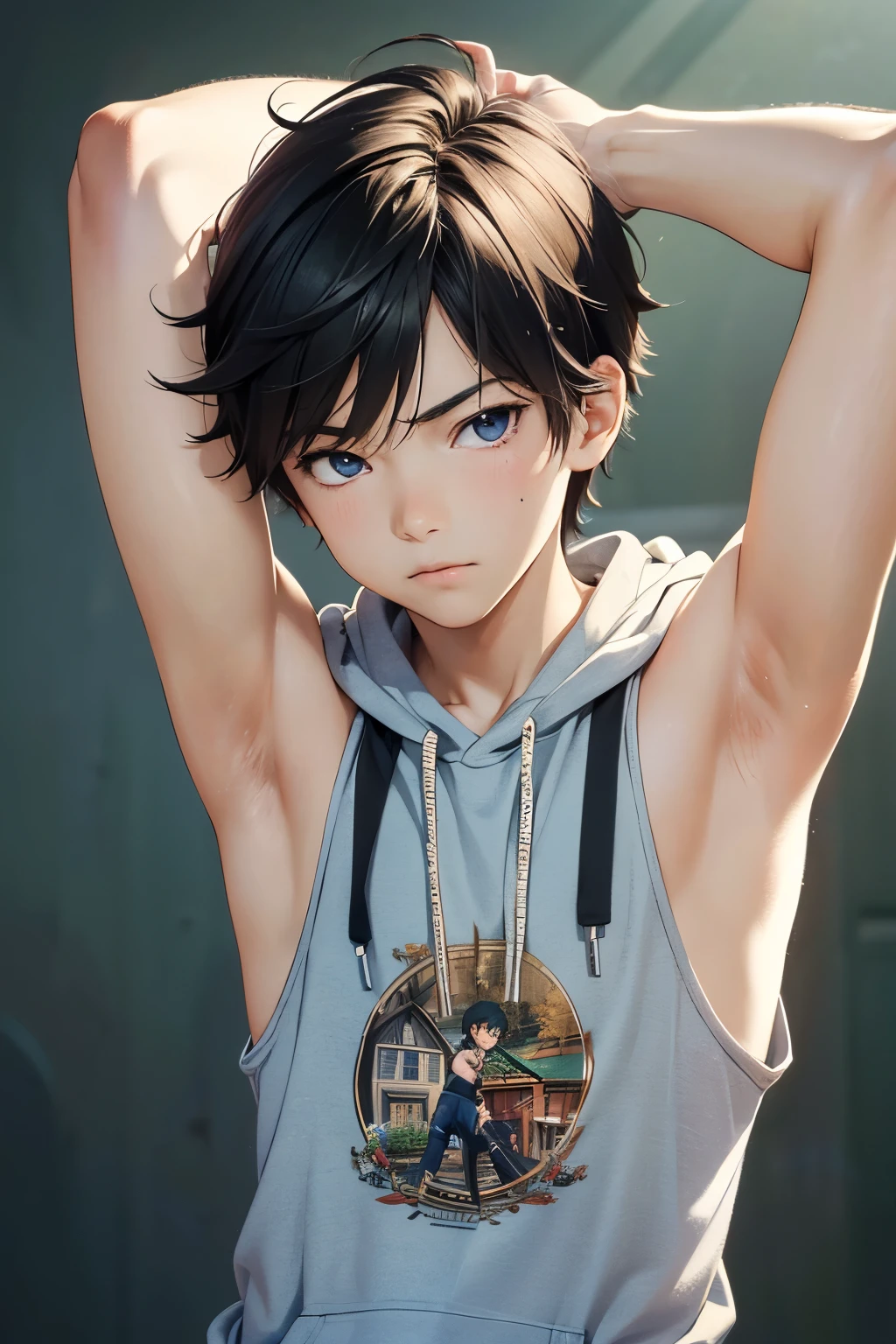 highres,Masterpiece, Best quality at best,Best Quality,hight quality, hight detailed, realistic, photorealistic, Anime style, 1boy, , Shota, Simple beckground, Cheerful boy, Sleeveless hoodie, (showing armpit, Smooth armpit), boy focus, Uhd, 4k