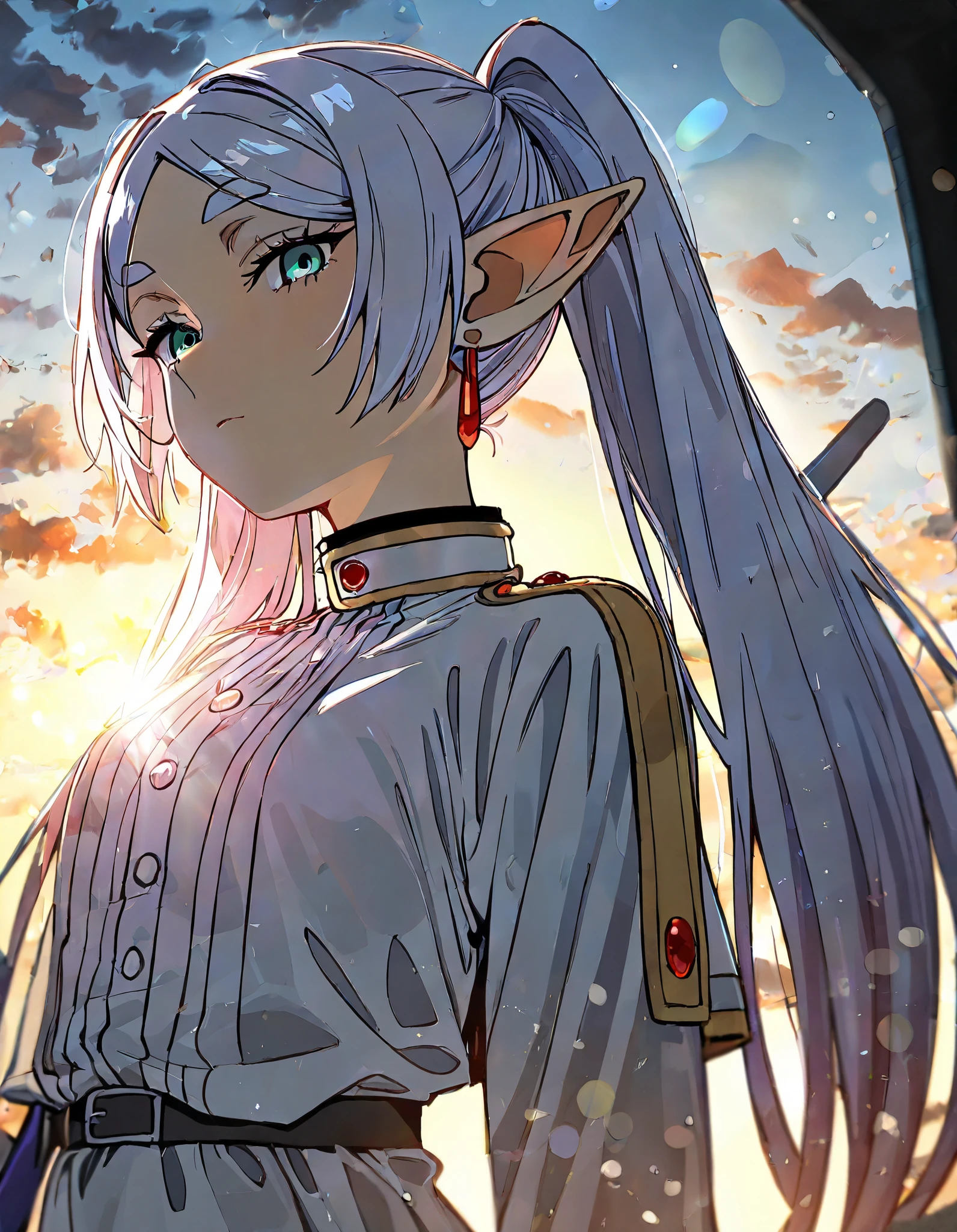 masterpiece, best quality, good quality, newest, Frieren: Beyond Journeyâs End, Frieren, very aesthetic, backlighting, lens flare, (solo focus:1.2), depth of field, cinematic, looking me, facing viewers