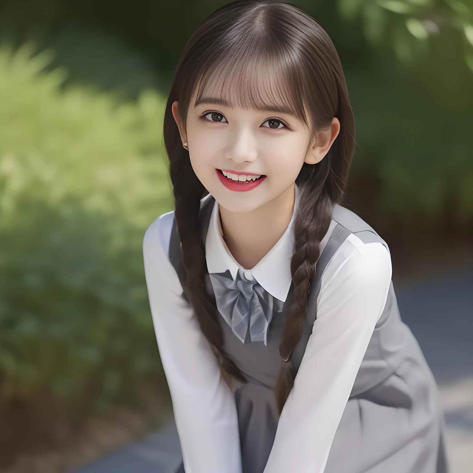 (highest quality, masterpiece, high resolution:1.2), 4K, (Photo quality clearly detailed foreground: 1.5), geometry, (Neat & clean girls. (Small well-groomed face with feminine intelligence). Some of Cute noble girly very-long brands hair Japanese photo model are seated and looking at the viewer with her too beautiful eyes like laughing fashion model: 1.3), (Using expensive face-whitening cosmetics to make her skin more beautiful and pure by professional makeup artist: 1.5), (Face and eyes are especially detailed beautifully: 1.5), Laughing cutely, ((Light-Gray) Japanese school girly vest uniform with neat girly light-yellow school blouse, puffed shoulders: 1.2), (white socks and school loafers, kicking back: 0.7), (Dark blue glossy glossy school ribbon on the breast: 1.0), (Beautiful light-amber large clear open eyes with balanced and detailed cutely: 1.4), (double eyelids: 1.0), (highly curled bangs: 1.2), (Expressing the greatest joy with her whole body: 1.2), (Glossy lips: 1.0), (long very (tightly tied) braids hair: 1.7), (cute earrings), (white and clear skin: 1.0), (Laughing cute princess's eyes looking at me: 0.8), (Very shy, cute, slender, pretty, pretty, too girly & Girlish: National Beautiful Girl Grand Prix winners: 2.0), (The girls knows well about the viewer's super fetishism for high-school uniforms, and satisfies it completely: 1.5), (blessed by Venus and Aphrodite: 1.2)