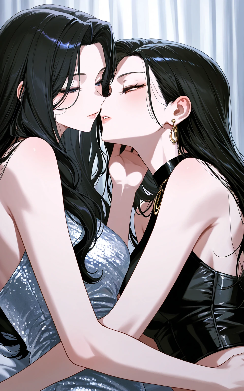 Masterpiece, dynamic shot, dynamic angle, ((2 females)), queen dominating her maid, almost kissing, standing queen and squatting maid, queen tying up her maid, maid tied up by queen, holding neck, sexy, scared, bdsm, bound, bondage, tied up, bound together, shibary, dynamic shot, dark, low light, cold blue light, high contrast, dynamic angle