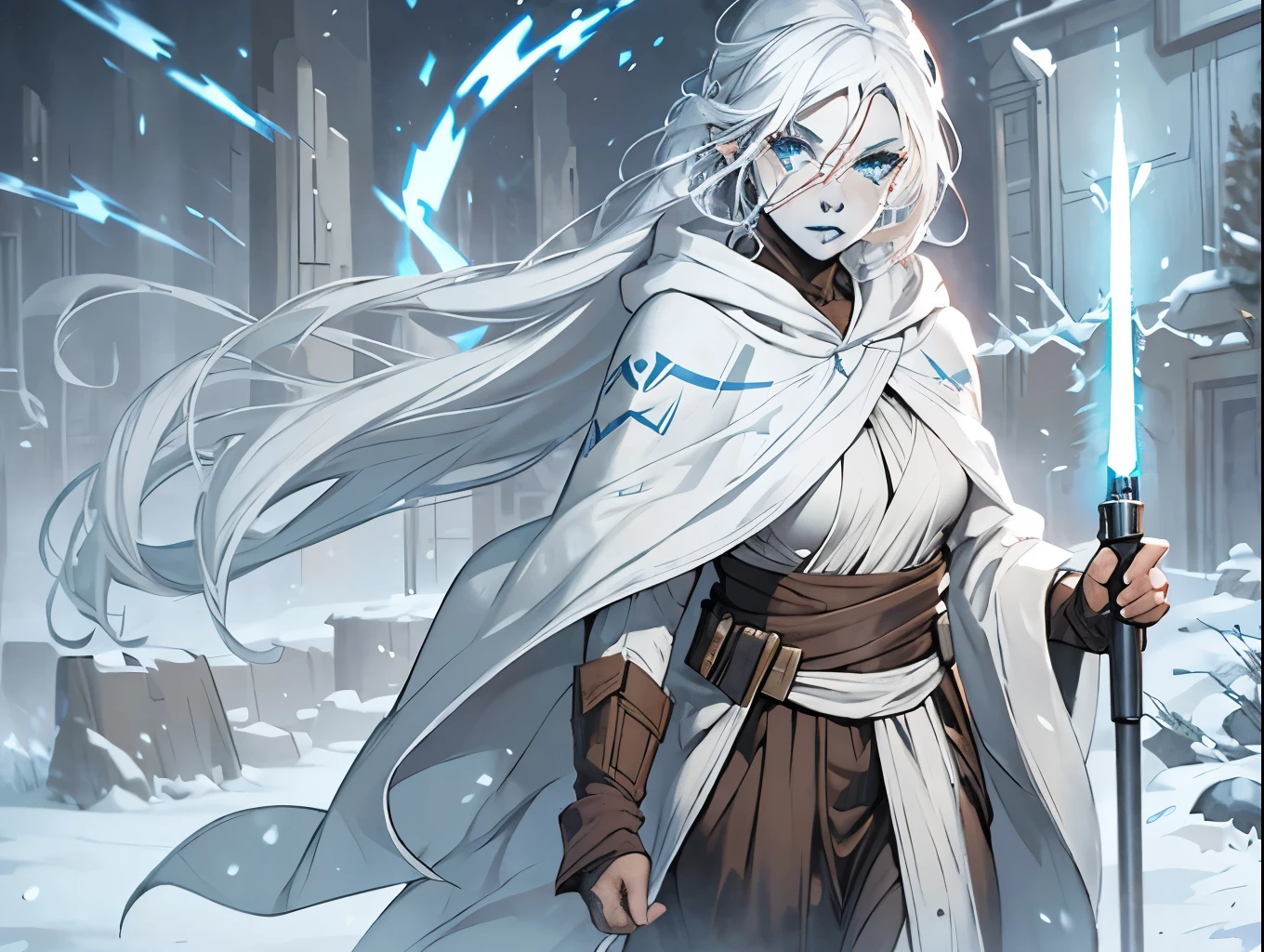 star wars, jarael, alabaster skin, white hair, blue lips, walking in a snowstorm, solo, wearing a loose billowing robe with a hood, hood up, cold frozen tundra, facial tattoos