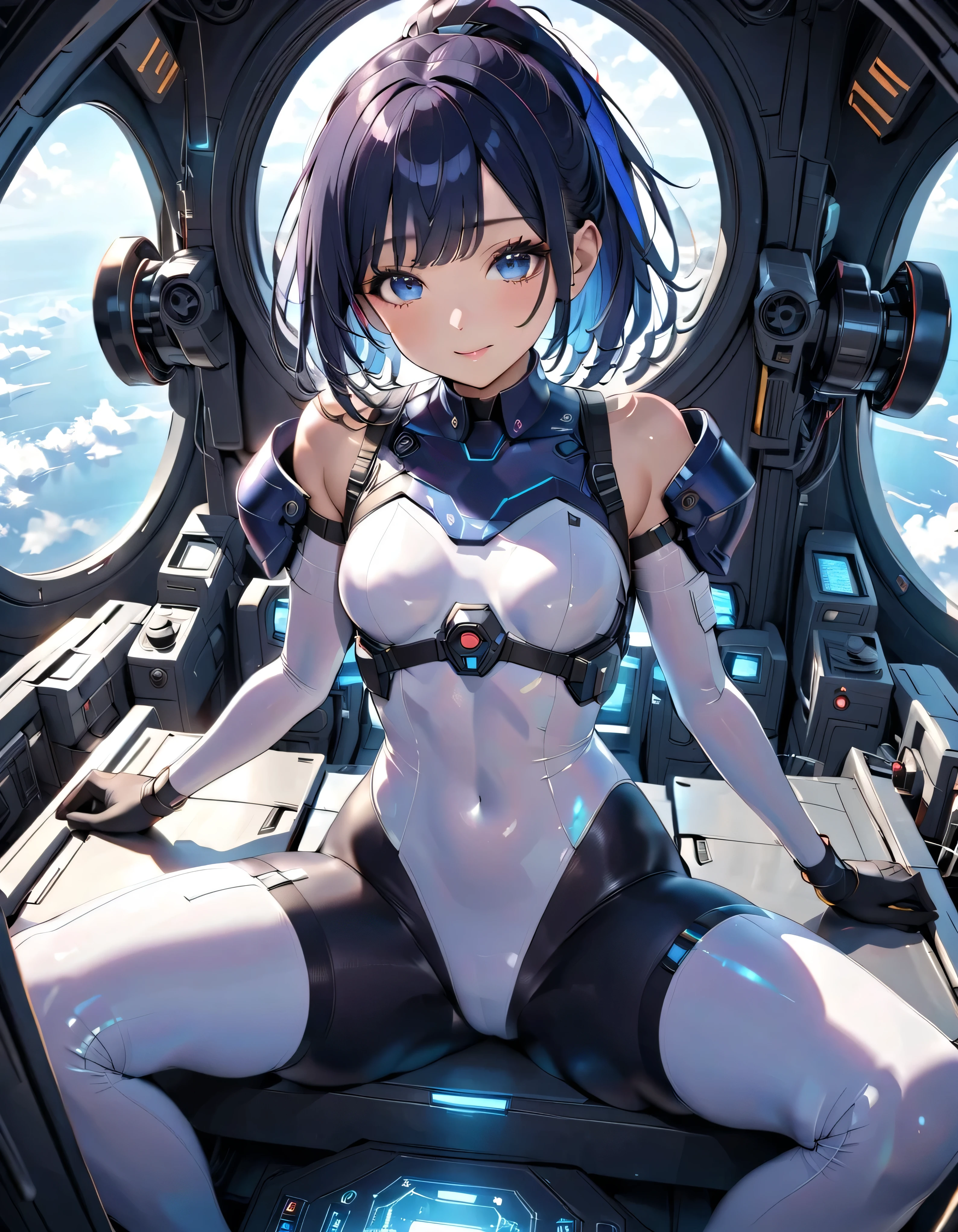 (masterpiece、highest quality、Highest Resolution、clear_image、Detailed explanation、Angle from above): (Full body portrait、One 20 year old girl、The Face of Japan、Small face、thin、navy blue super short bob cut hair、(Hidden Small:1.3)、Sparkling blue eyes、Shiny black and white pilot suit、Armor to protect the chest、Tight fitting clothes、Clothing that covers the entire body、Shiny clothes、Tight Fit Pants、Hide your skin、Very delicate and beautiful、Detailed skin、hide thighs、hide your butt、Cute type、A kind smile、Soft look、heroine、headset、Knee-high boots、Elbow-length gloves、Eye-level shot、Facing forward、Woman on a spaceship)