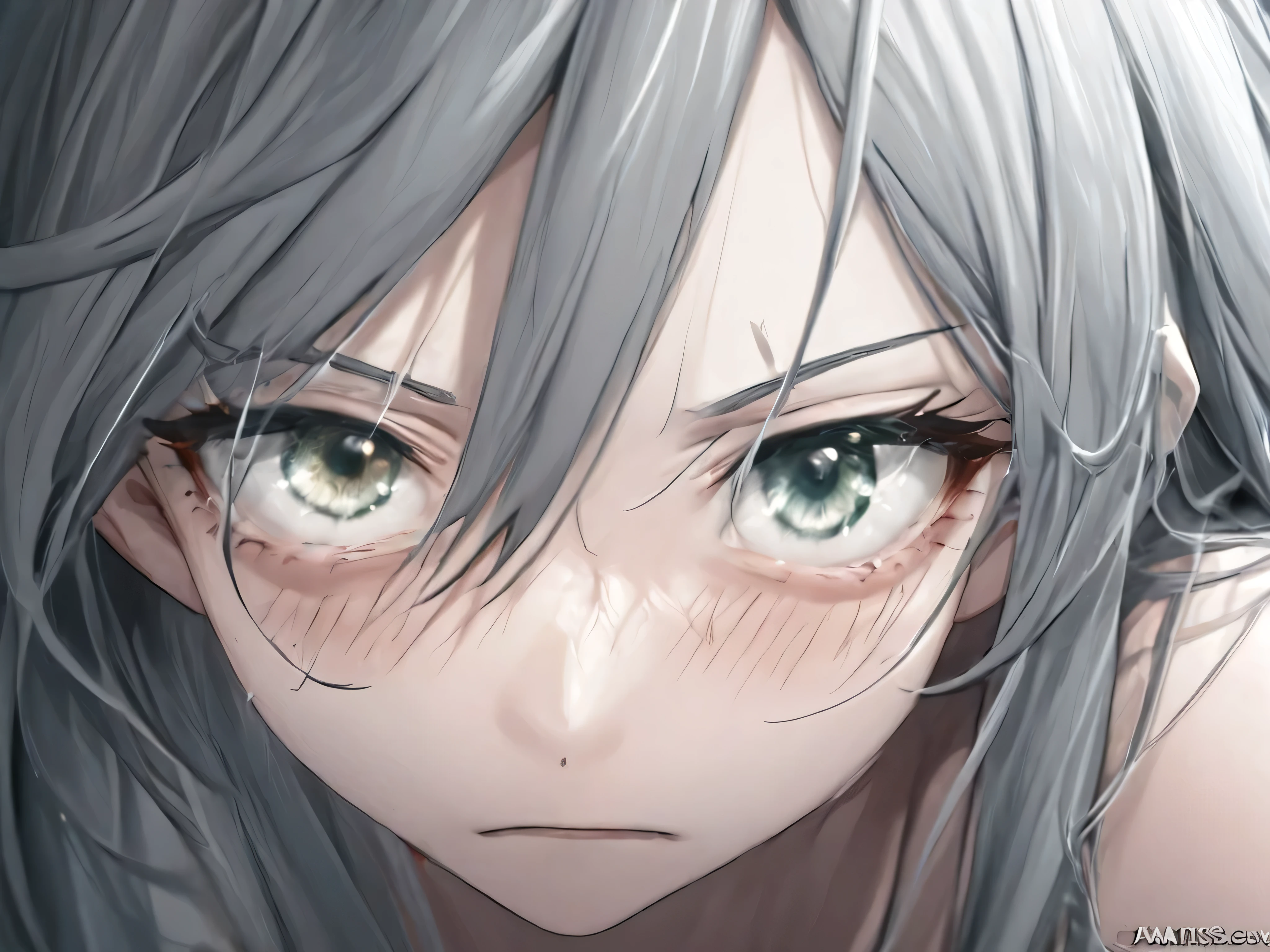scary ONE eye, zoom on eye, veins, scary, tired, grey skin, realistic, anime, only eye, human eye