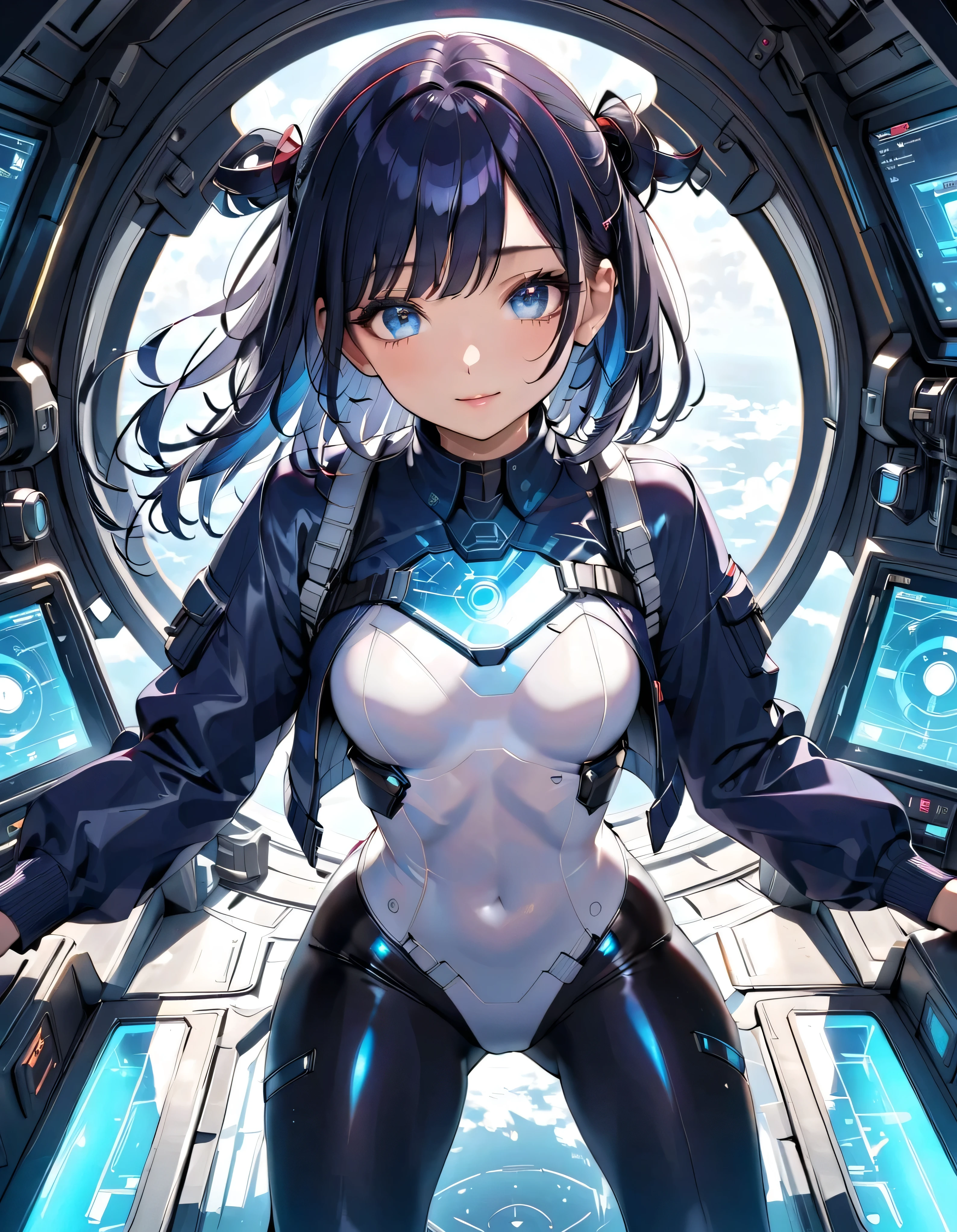 (masterpiece、highest quality、Highest Resolution、Clear_image、Detailed details、Angle from above): (Whole body、One 20 year old girl、Japanese Faces、Small Face、Slender、Navy blue super short bob cut hair、(Hidden small breasts:1.3)、Sparkling blue eyes、Shiny pilot suit in blue and black colors、Chest protection armor、Tight fitting clothes、Clothing that covers the whole body、Glamorous clothes、Tight Fit Pants、Hide your skin、Very delicate and beautiful、Detailed Skin、hide thighs、Hide your ass、Cute、A gentle smile、Soft expression、heroine、headset、Knee-high boots、Elbow-length gloves、Eye Level Shot、Face directly、Woman on a spaceship)