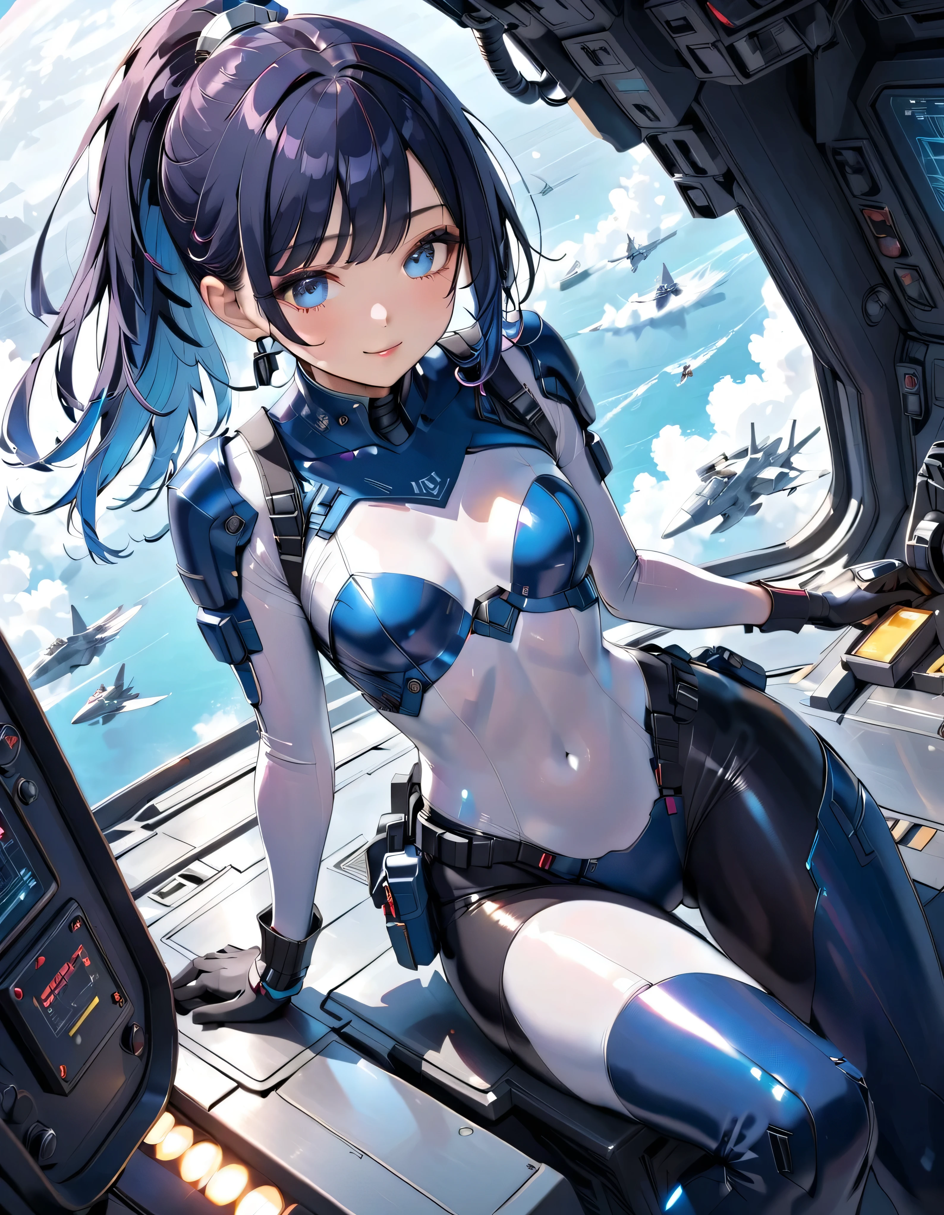 Water mech and summer theme, blue and summer colors, girl with a mix of mechanical parts and human features, smiling, outfit with mechanical elements and a flight over the sea design, hair and eye color to match the theme, flying pose, sea and sky background.