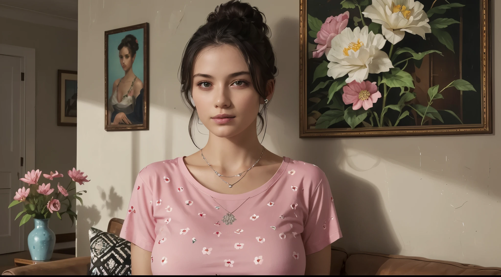 (best_quality, masterpiece:1.2), (highly detailed), (uhd, high_resolution, highres), girl, pink t-shirt, intricate flower pattern embroidery details, wide round neckline, huge breasts, clavicles, hair updo, dark hair, looking at viewer, subtle necklace, close-up shot, living room, painting on wall,