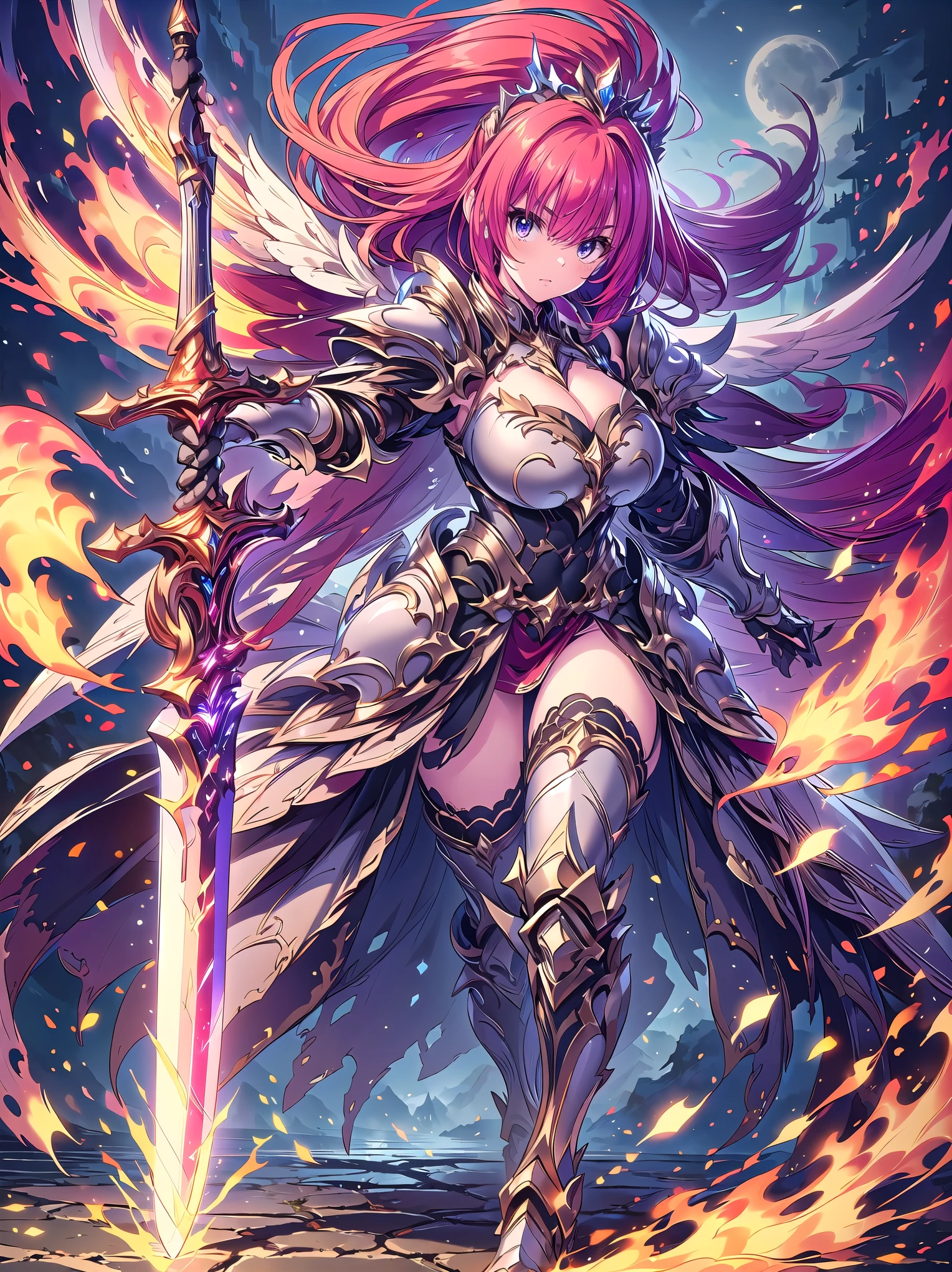 (Perfect Anatomy)、Mastepiece、Ultra High Quality、 8K、masterpiece、Highest quality、Ultra-high resolution、Maximum resolution、Very detailed、Professional Lighting、anime、woman、thin、so beautiful、Highly detailed eye、Highly detailed face、Golden earrings、Pink Hair,、Pink eyes、Mid-chest, pink lips, upper arm pink armor, white leotard, pink pattern, full body, magical girl, Angel Girl, Are standing, pink thigh high stockings, white super long boots, pink gauntlet, high heels, hime cut, bridal hair accessory, (((Summoning a magic sword))), Opening legs outwards, glowing eyes, madeon, Biopunk, Creating wind with wings, (((Forming a magical shield))), Enveloped in a magical aura, Firing magical arrows, spread legs(((attack with sword))), (torn clothes:1.9), (dirt), blood return, (((abrasion))), (Monsters attack:1.8)