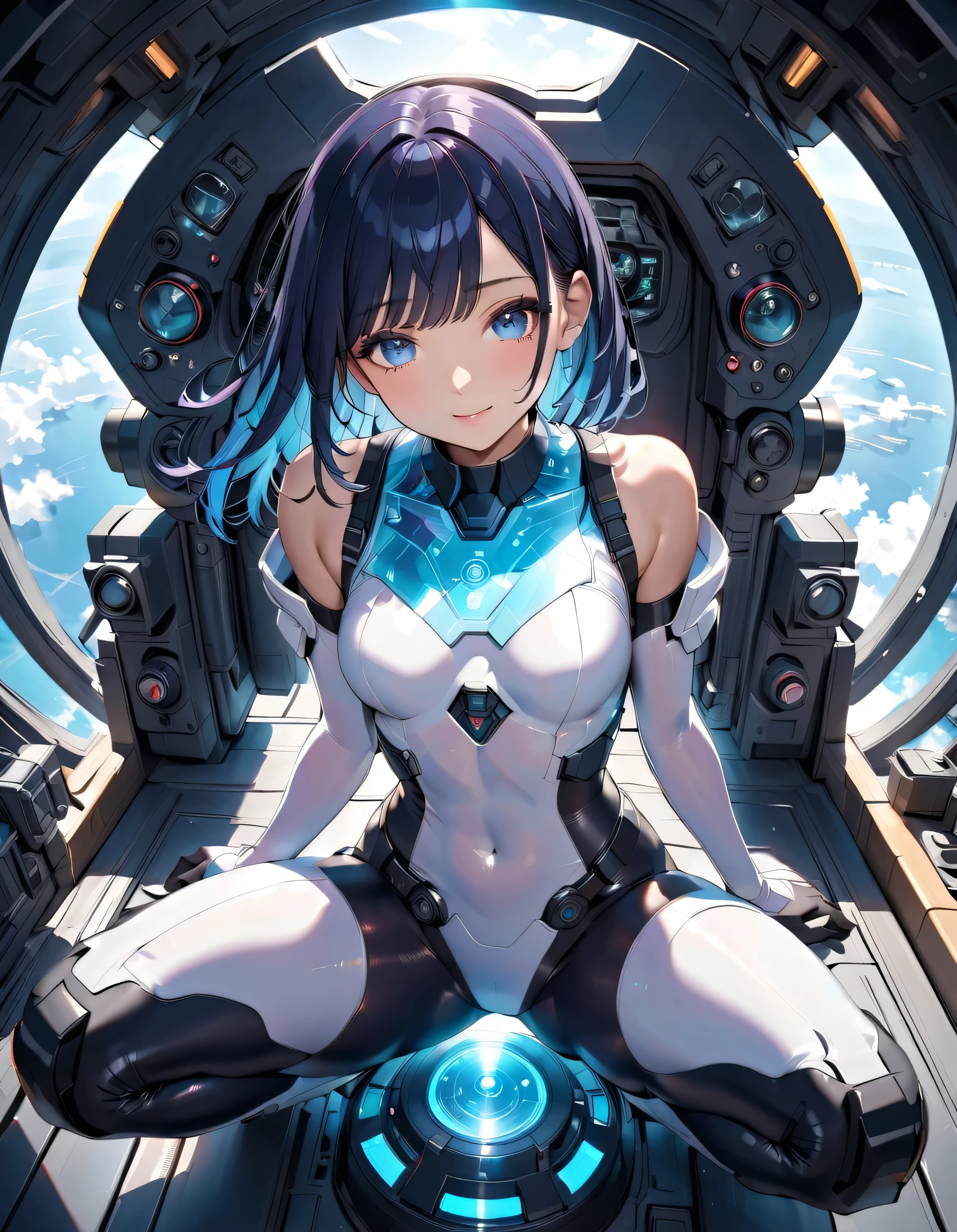 Slender beautiful girl、(White and blue futuristic space station background):1.2、Tight-fitting bodysuits of the near future、hight resolution、top-quality、The ultra-detailliert、Fine details、Does not blush cheeks、knee high、Undersized breasts、shorth hair、head phone