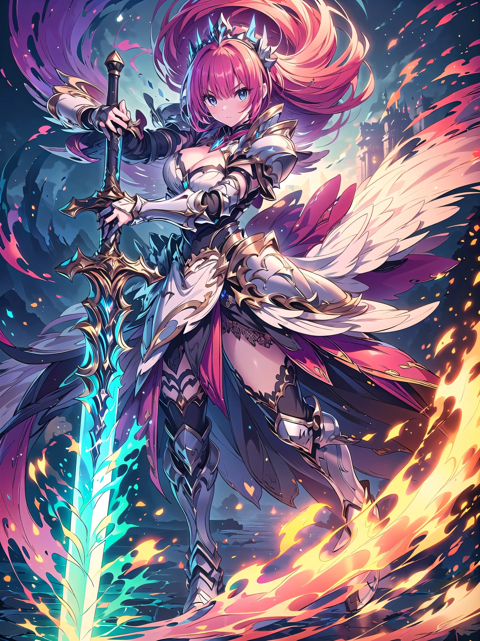 (((masterpiece, best quality, high detailed, 16k))) fantasy art, Female in metal armor holding a perfect sword, ((sword of flame)), ((close-up of sword)), (huge sword), PlantedSword, pink dress, white armor, cropped shoulders armor, plate armor, armor dress, gauntlets, red hair, long hair, tiara, cleavage, thighs, thigh highs, glaring, weapon, (sword:1.3), full moon, (detailed face), (detailed eyes), ((full body front view)), (extremely detailed:1.5)