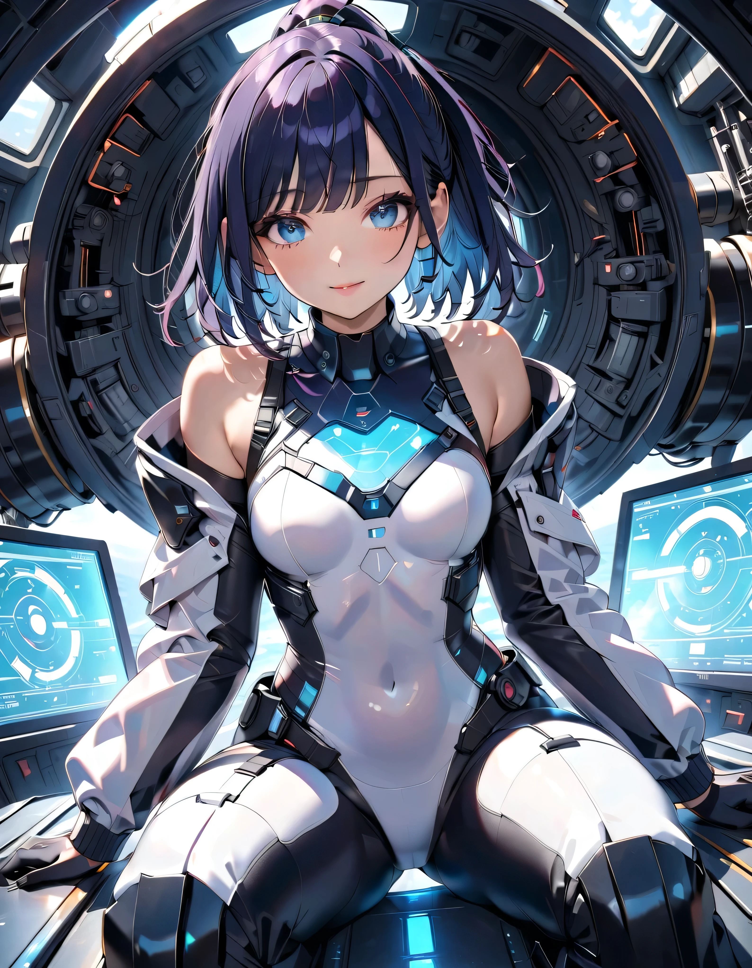 ((Holographic glow effect)),(masterpiece、Highest quality、Highest Resolution、Clear_image、Detailed details、Angle from above): (Whole body、One 20 year old girl、Japanese Faces、Small Face、Slender、Navy blue super short bob cut hair、(Hidden small breasts:1.3)、Sparkling blue eyes、Shiny pilot suit in blue and black colors、Chest protection armor、Tight fitting clothes、Clothing that covers the whole body、Glamorous clothes、Tight Fit Pants、Hide your skin、Very delicate and beautiful、Detailed Skin、hide thighs、Hide your ass、Cute、A gentle smile、Soft expression、heroine、headset、Knee-high boots、Elbow-length gloves、Eye Level Shot、Face directly、Woman on a spaceship)
