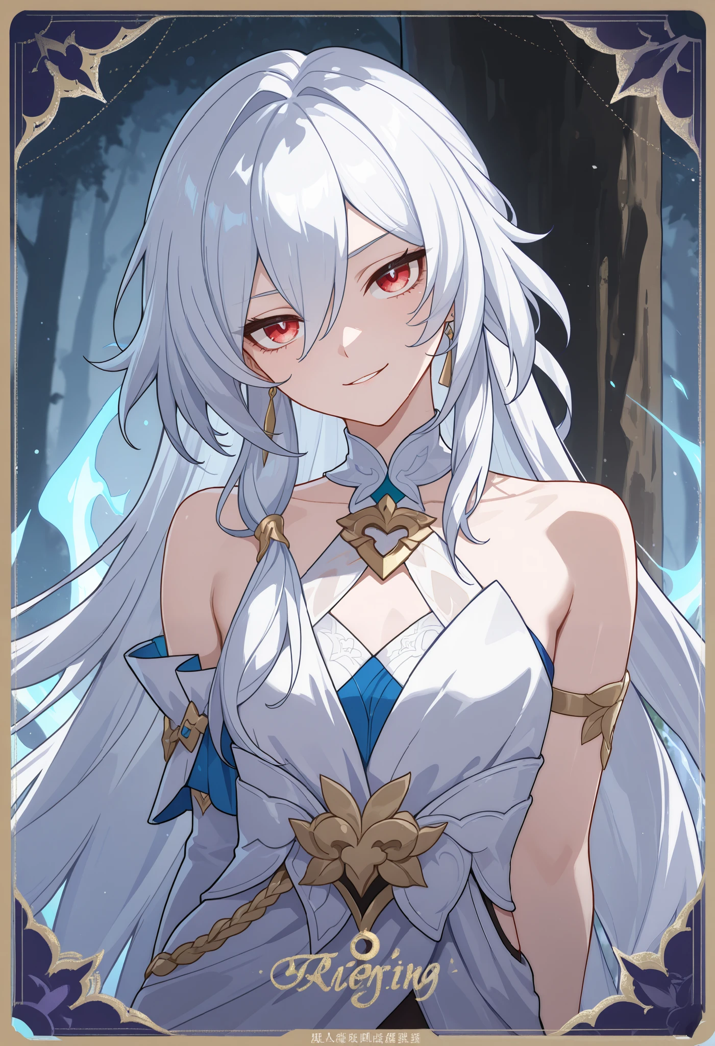 masterpiece, highres, absurdres, depth of field, best quality, amazing quality, very aesthetic, high resolution, newest, hyper-detailed, 1girl, mature woman, detailed skin, upper body shot, extremely detailed eyes, HoSenti, long hair, white hair, red eyes, flat chest, smirk, tsurime, head tilt hair between eyes, greco-roman clothes, leaning against a tree, nature, aura of white nature magic, teasing expression, HONKAI STAR RAILWAY TAROT