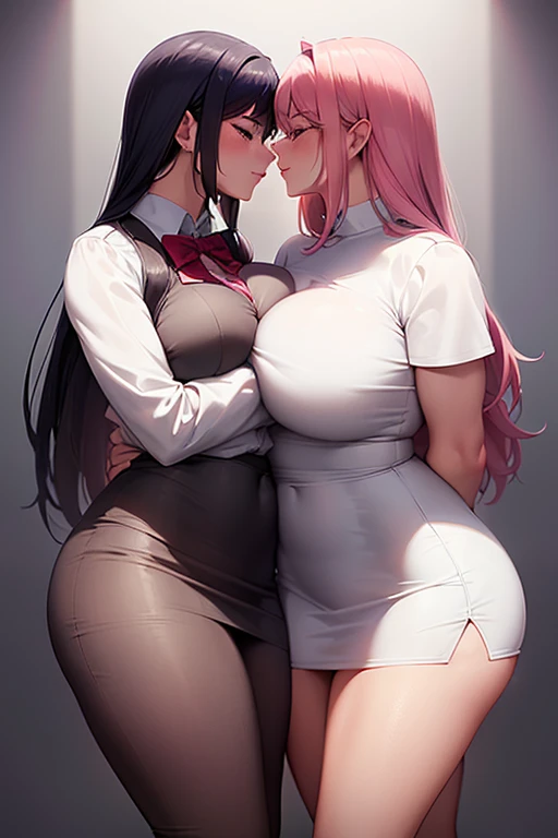 Pink hair anime girl on her back naked with other girl licking her and can see that girls as she’s bent over both have massive boobs and massive incredible shaped arses
