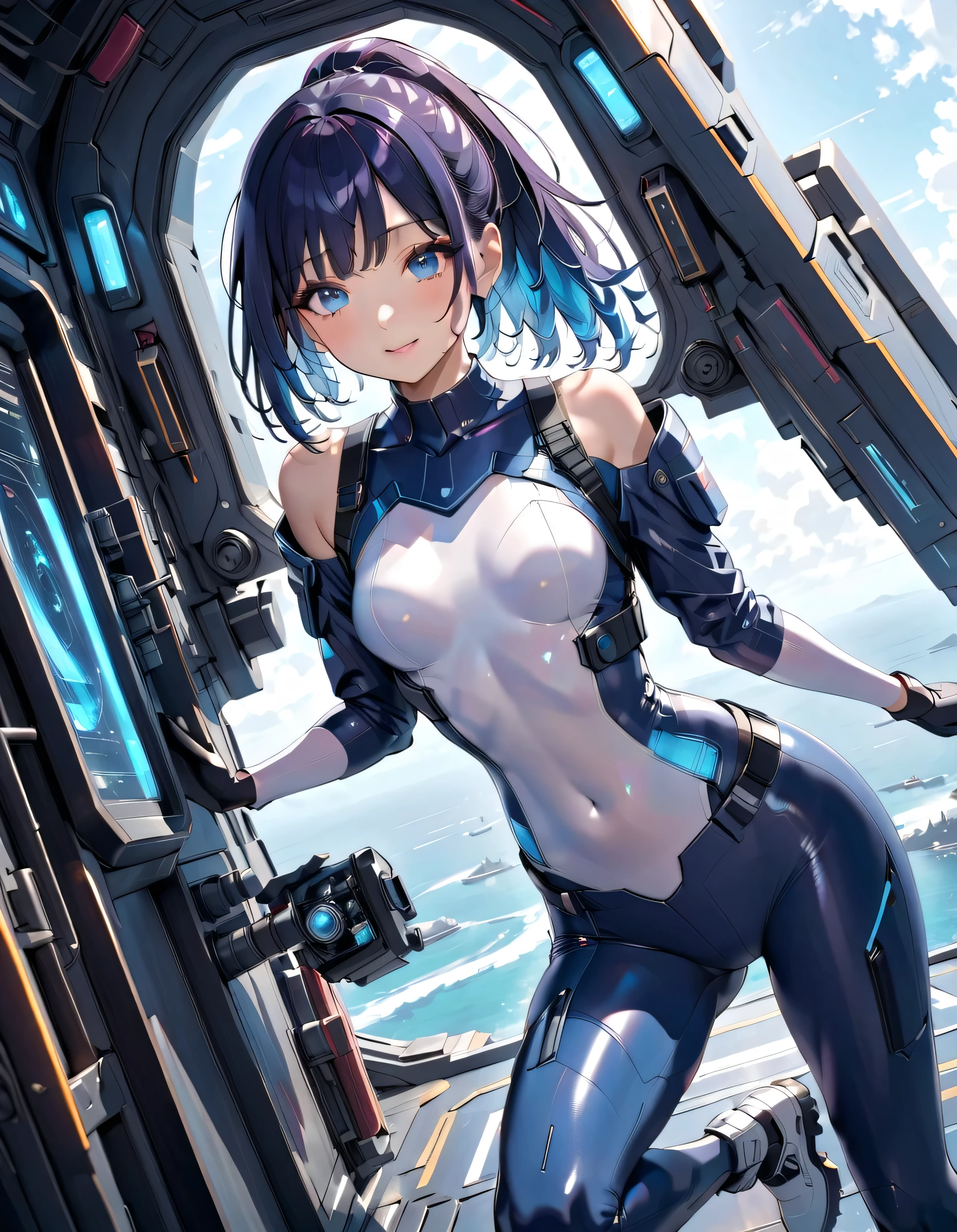(((Hold a giant sword in both hands))), (Cyberpunk style), futuristic bodysuit, ((Shiny Costumes)), skindentation, skinny, solo, 1 woman, Masterpiece, highest quality, highest quality, 16K, incredibly absurd, highly detailed, 2.5D, ai-generated, delicate and dynamic, very delicate facial expressions, delicate eye depiction, erotic, only sexy woman, ((A cute and kind face)), healthy figure, ((25-year-old woman)), 160cm tall, medium firm swaying bust, Sweat,Embarrassed,sexy, ((thin thighs)), (camel toe:0.7), , (Erect nipples,:0.7), shiny and lustrous, facing straight at viewer, (((in heat))), ((Oily_skin)), ((Lots of sweat)), ((dutch angle)), ((erotic pose)), (((Very dynamic pose))), A ruined cityscape of the future, ((Riding on a giant weapon)), In the sandstorm,
