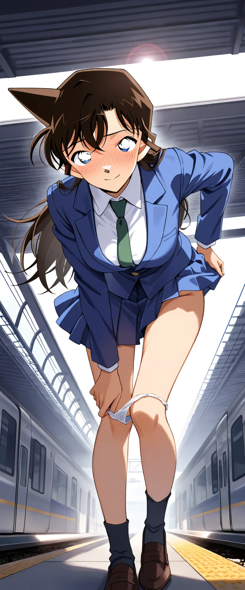 score_9, score_8_up, score_7_up,1girl,mouriranai,mouri ran,meitantei conan,brown hair, blue eyes, long hair, breasts, large breasts, lens flare, medium breasts,BREAK,skirt, shirt, long sleeves, school uniform, jacket, white shirt, pleated skirt, necktie, collared shirt, miniskirt, blue skirt, blazer, blue jacket, green necktie,no bura,no panties,BREAK,blush,embarrassed,aroused,smile,(in heat:1.3),standing,leaning forward,pulling down panties,BREAK,full body,from forward,from below,train station platform