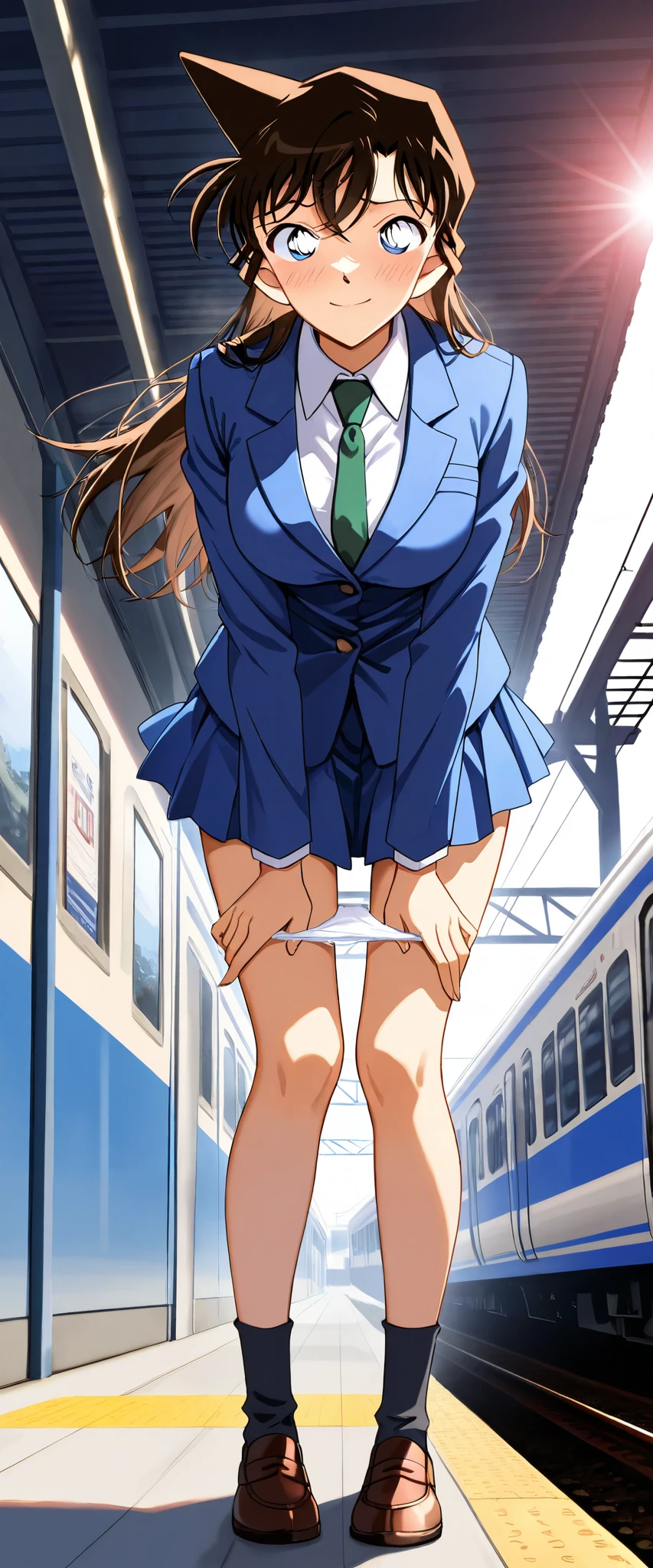 masterpiece, highest quality,Anime Style,Troublesome、Pigtails、Brown Hair、sit in a train seat、Spread your legs、Unbuttoning an office suit shirt,Pencil Mini Skirt、Lace panties、whole body、pumps、blush、><