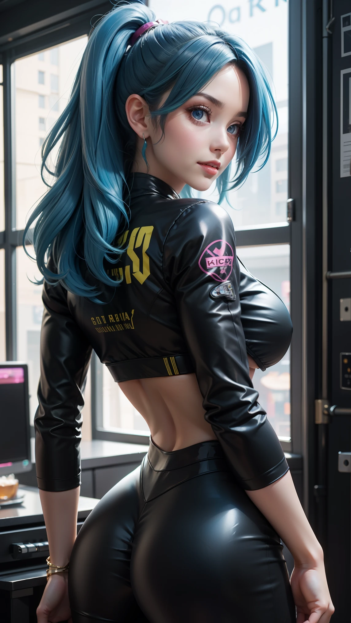 happy expression, Dollar bills falling from the sky, planet , long hair 、Exposed to the max、Neon glowing black and dark rose bodysuit, Sci-Fi Style, ,beautiful women, Daytime, bitcoin ,Bright blue hair ,Red Eyes ,Holding a smartphone、Radiating light from the smartphone screen