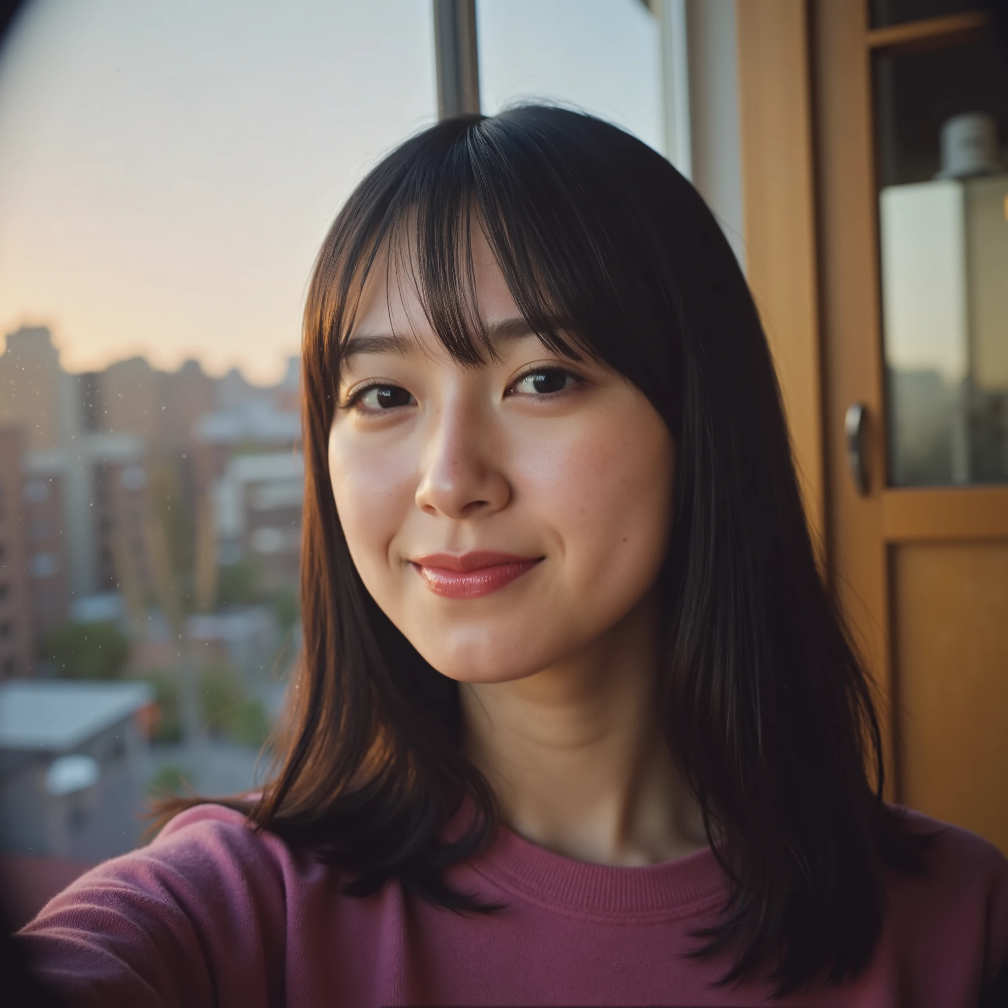 agers, 1 girl, Selfie, from side, Japanese, Idol , thin , slanted eyes, big eyes, Full bangs on the right side , youthful appearance , black hair , details eyes , Iris , smiling, smile, youthful appearance , standing , vintage aesthetic , cute face , long hair, cabelo pelos shoulders, shoulders, volumoSo hair, luz media , ambient light, sunset , Sun reflection through the window, In the environment , focused environment, looking for , Environment:Seoul Japan/japan cafeteria, Be, objects, olhos Berados