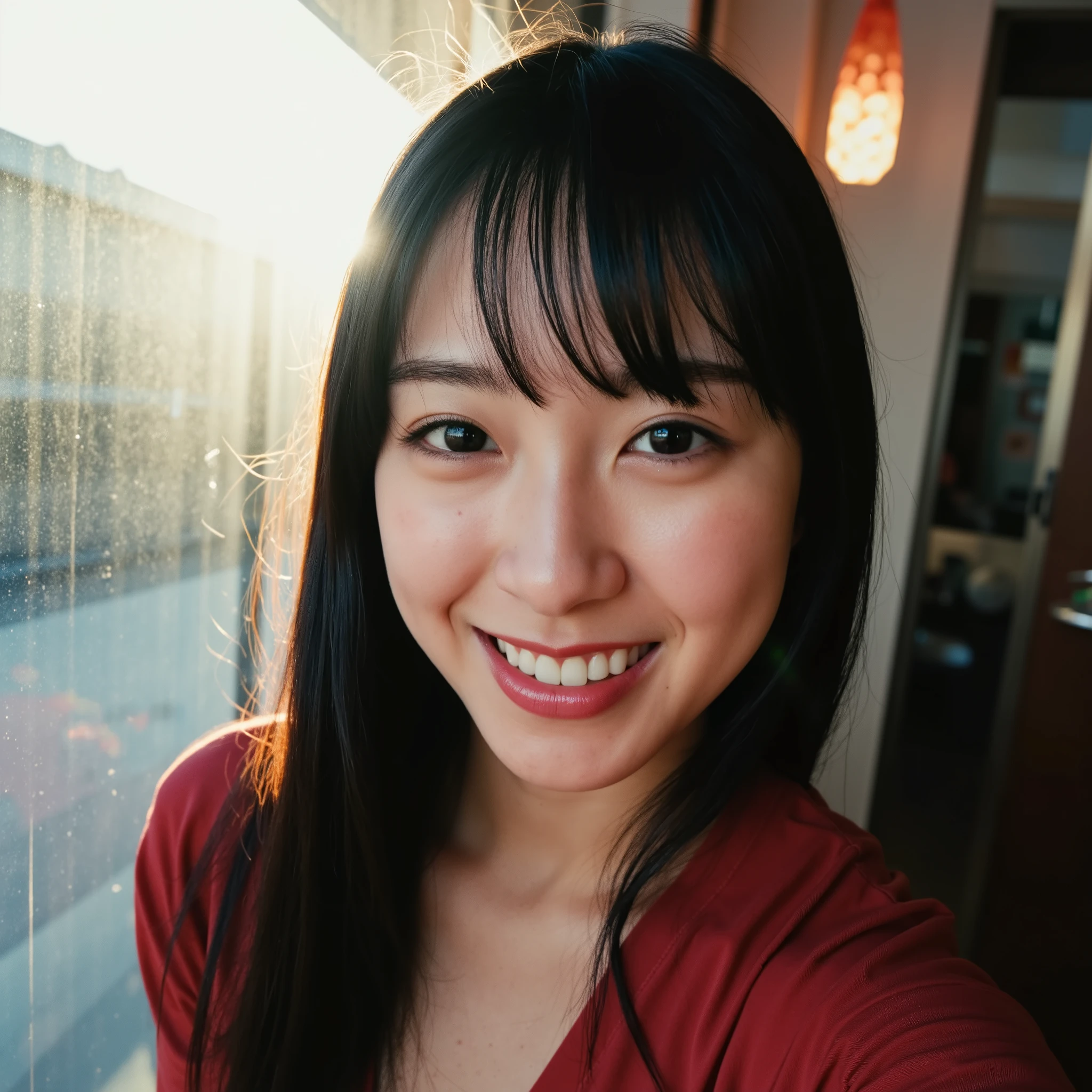 agers, 1 girl, Selfie, below the viewer, Japanese, Idol , thin , slanted eyes, big eyes, Full bangs on the right side , youthful appearance , black hair , details eyes , Iris , smiling, smile, youthful appearance , standing , vintage aesthetic , cute face , long hair, cabelo pelos shoulders, shoulders, volumoSo hair, luz media , ambient light, sunset , Sun reflection through the window, in the Environment, focused environment, looking for , Environment:Seoul Japan/japan cafeteria, Be, objects, olhos Berados