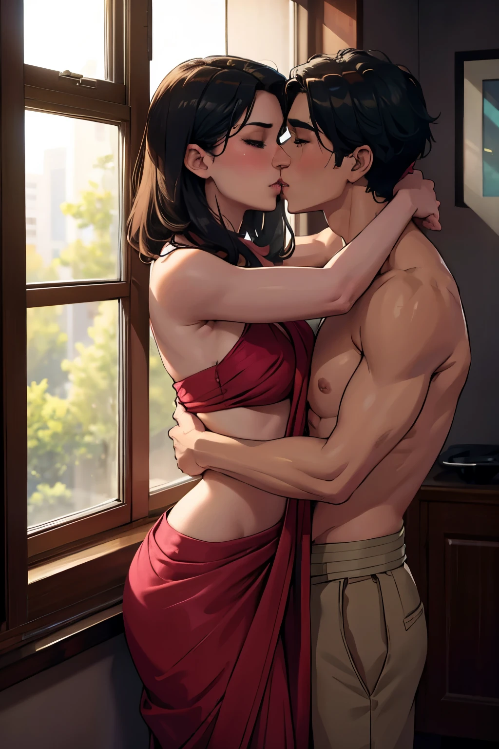 Shirtless boy kissing a sexy woman wearing a saree near a windowsill, natural light beaming through window, passionate, intensely intimate, lustful, hot, hugging tight, both blushing intensely