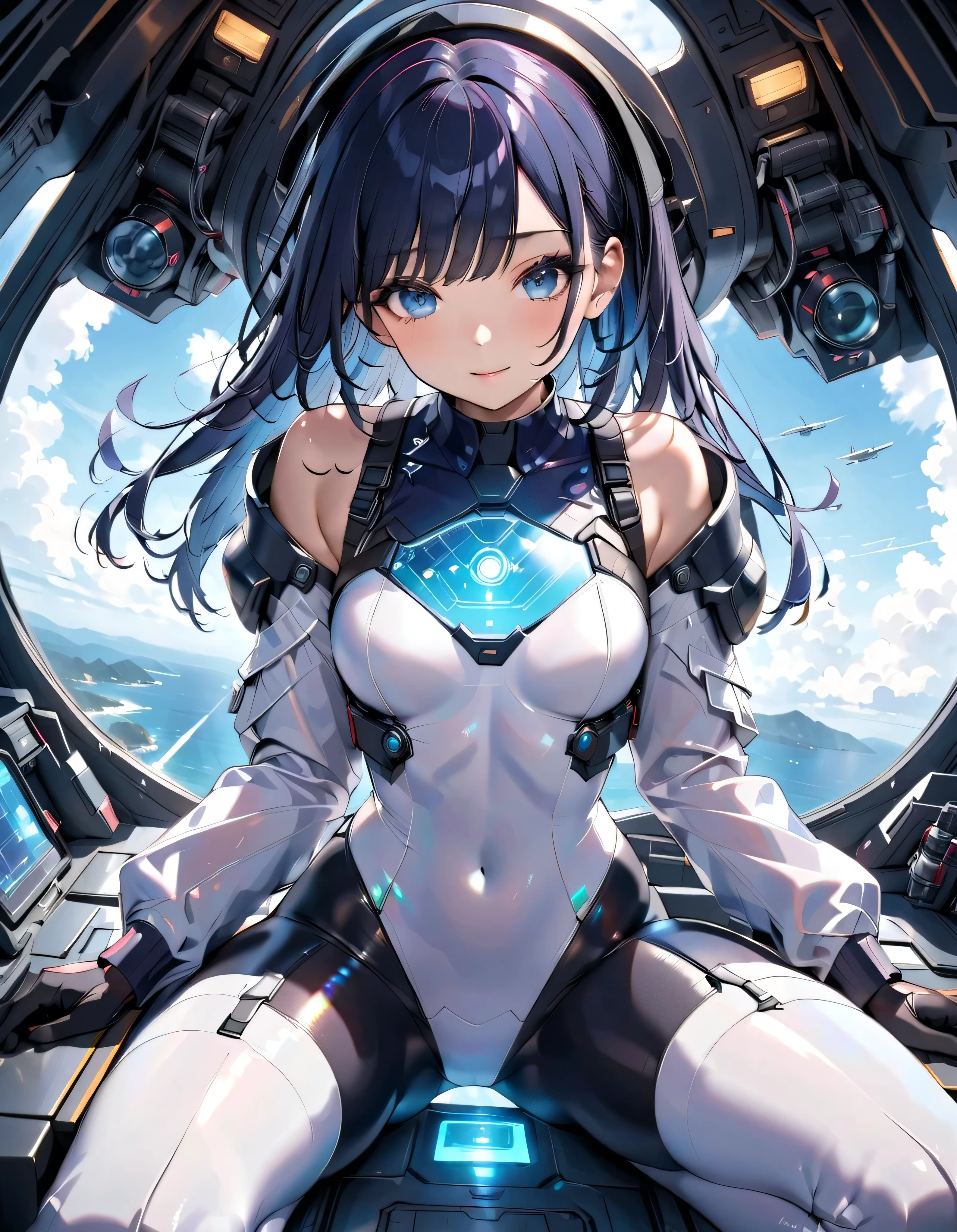(((masterpiece))), (((Highest quality))), ((Very detailed)), (Highly detailed CG illustrations), ((Very delicate and beautiful)),(From the side),Cinematic Light,((1. Machine Girl)),alone,whole body,(Machine made joints:1.2),((Mechanical limbs)),(Blood vessels connected to tubes),(Mechanical vertebrae attached to the back),((Cervical vertebrae mechanically attached to the neck)),(Sitting),Expressionless,(Wires and cables around the neck:1.2),(Cable connected to tailbone)、(Overhead wires and cables:1.2)(Character Focus),sf,Very detailed,colorful,Most detailed、A starry sky, mysterious,Outdoor、  Awe-inspiring expressions, Dynamic pose、 The blood vessels of the machine connected to the groin、ceremony、Giant planet in the background、Inspiration, ３One month, bangs,poker face,Cables connected to nipples,Tube connected to tailbone、 Inside the spaceship, Starry Sky, Fine , On the water, Ocean, ancient ruins、Big Clouds,Colored glaze,Dynamic composition、Huge spaceship、Mechanical veins connecting the spacecraft to the body
