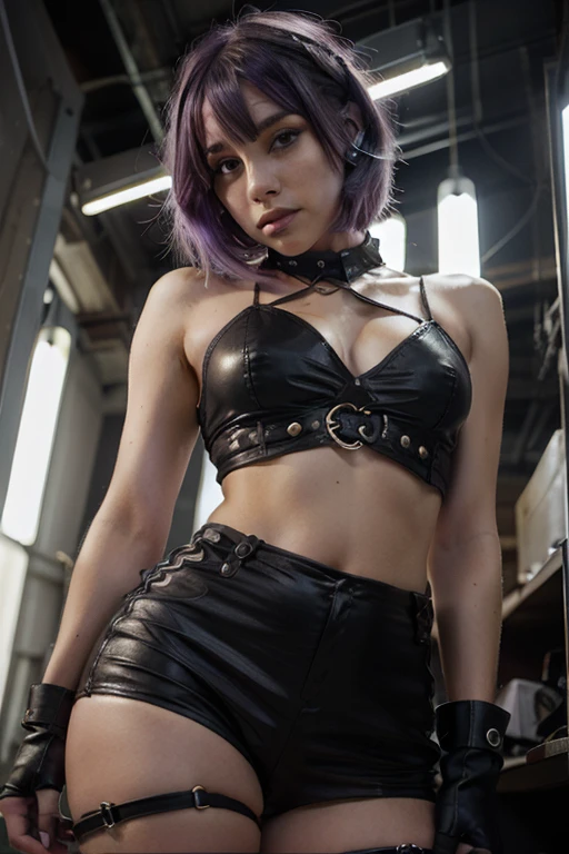 8k, A beautiful 17-year-old blonde woman, purple hair, black hair headband, green eyes, sexy black fitted leather miniskirt, open leather jacket without a bra, detail of body and face, defined thighs, beautiful buttocks, black garter belt, ((no panties)), ((camel toe)), ((Full body shot))