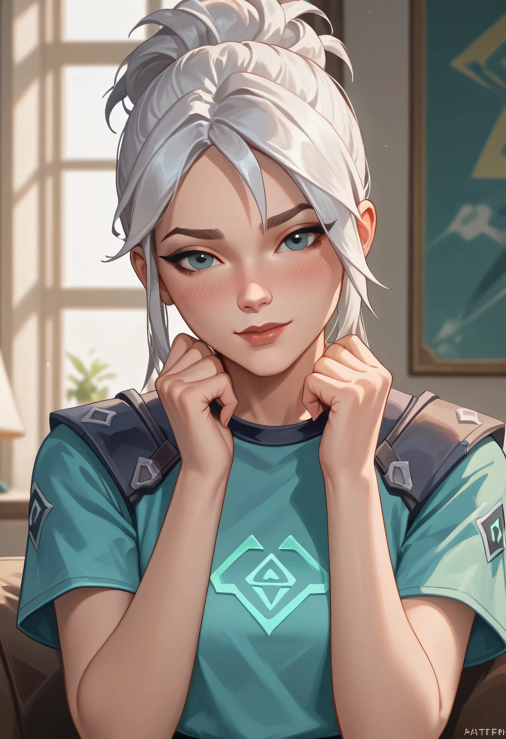 score_9, score_8_up, score_7_up,source_anime, high res image,masterpiece,best quality,girl,cute face,clear skin,jett_valorant,white hair,shirt,blushes,seductive,shy smile,