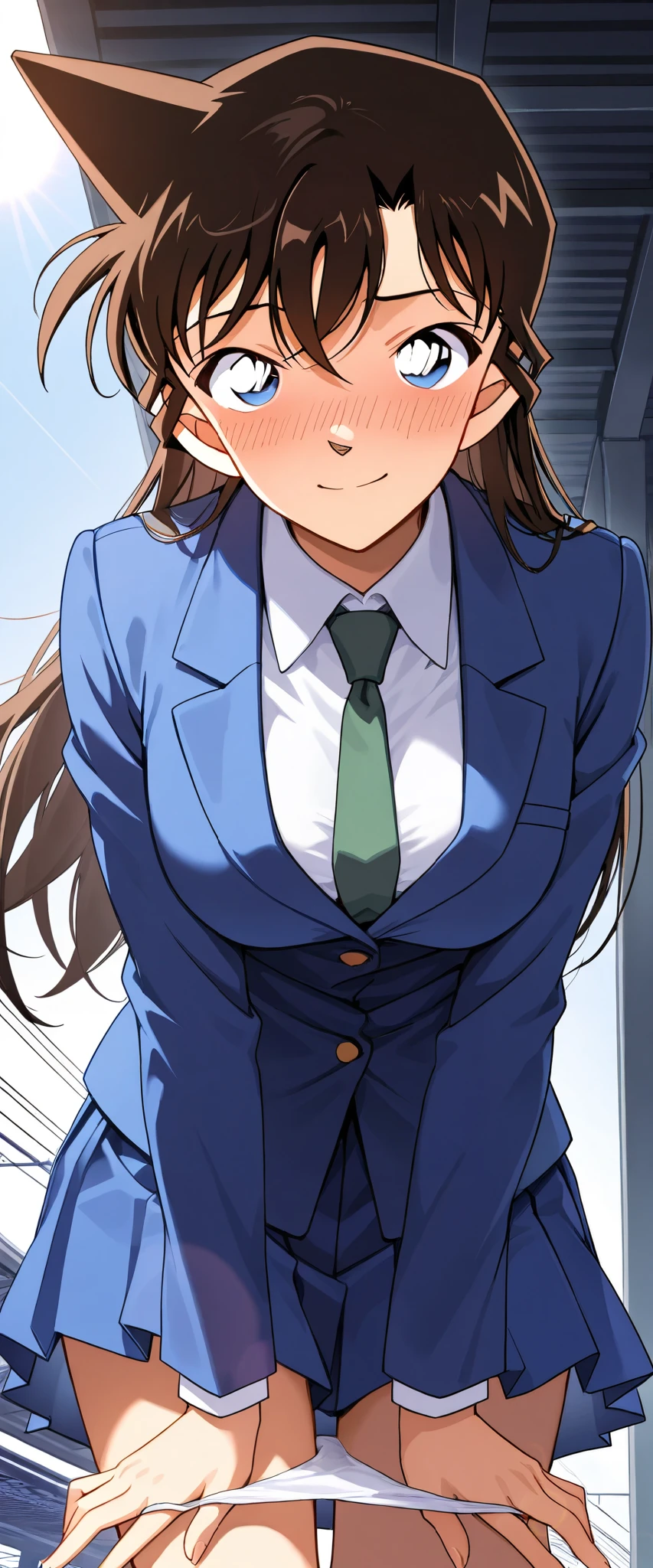 score_9, score_8_up, score_7_up,1girl,mouriranai,mouri ran,meitantei conan,brown hair, blue eyes, long hair, breasts, large breasts, lens flare, medium breasts,BREAK,skirt, shirt, long sleeves, school uniform, jacket, white shirt, pleated skirt, necktie, collared shirt, miniskirt, blue skirt, blazer, blue jacket, green necktie,no bura,no panties,BREAK,blush,embarrassed,aroused,smile,(in heat:1.3),standing,leaning forward,pulling down panties,BREAK,cowboy shot,from forward,from below,train station platform